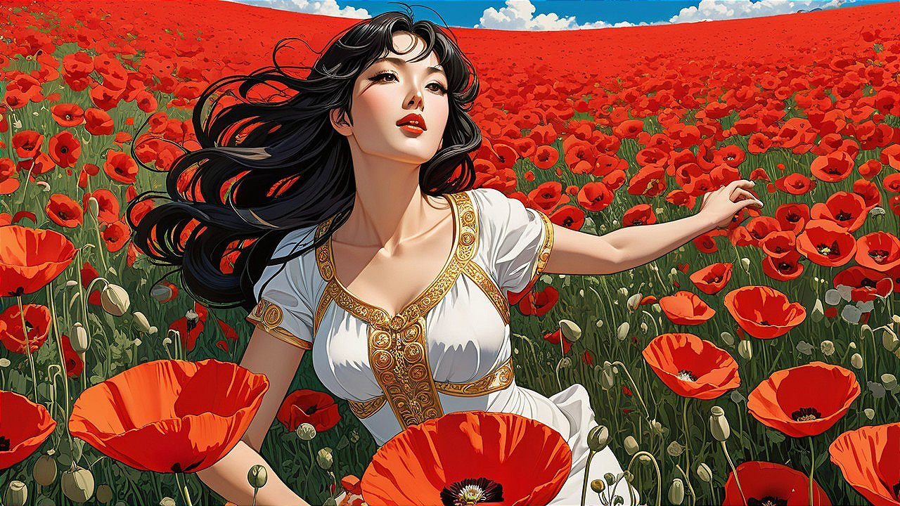 Young Woman in White Dress Surrounded by Red Poppies