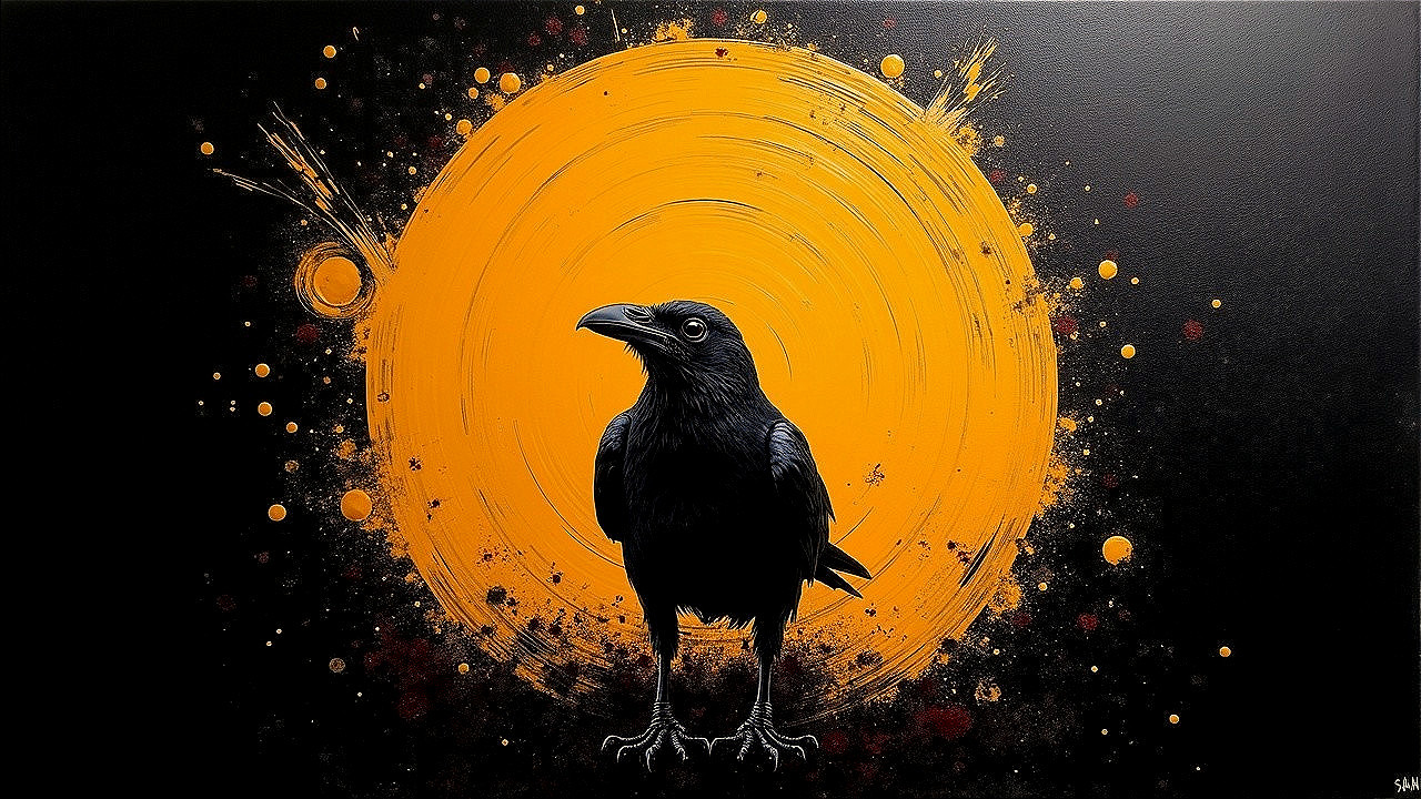 Black Crow on Vibrant Orange Circular Background