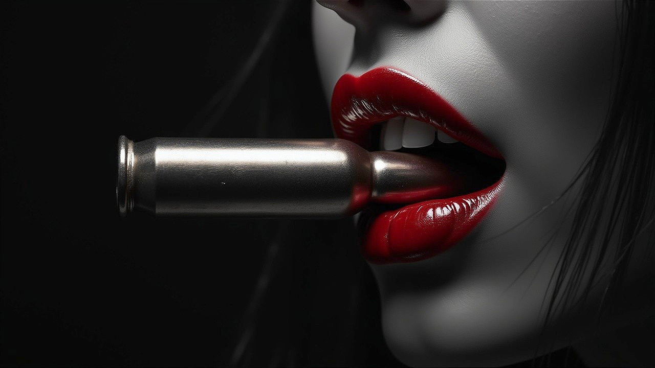 Close-Up of Woman's Face with Red Lips and Bullet