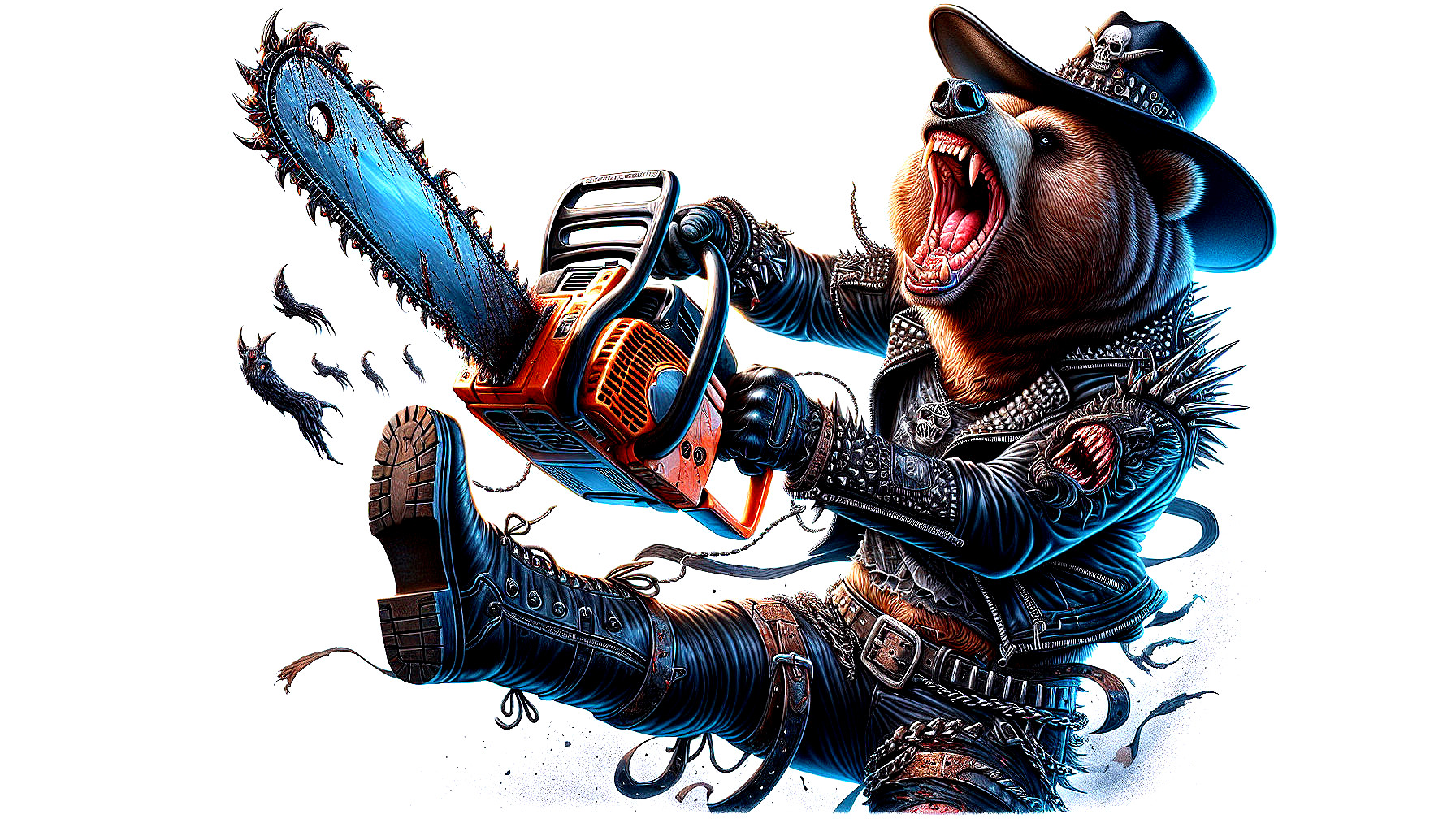 Fierce Bear in Leather Jacket with Chainsaw