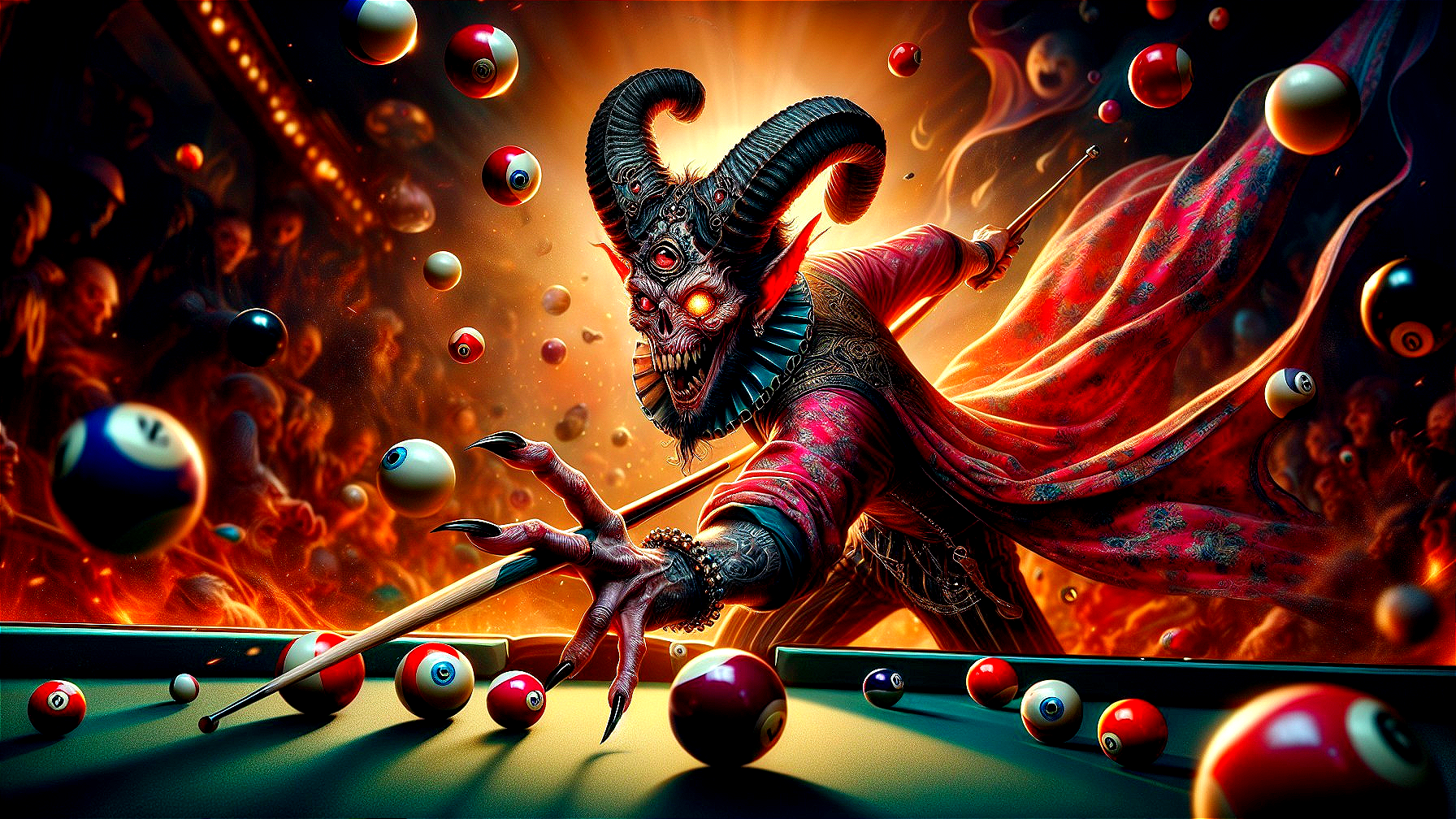Demon in Red Gown Playing Billiards in Fiery Scene