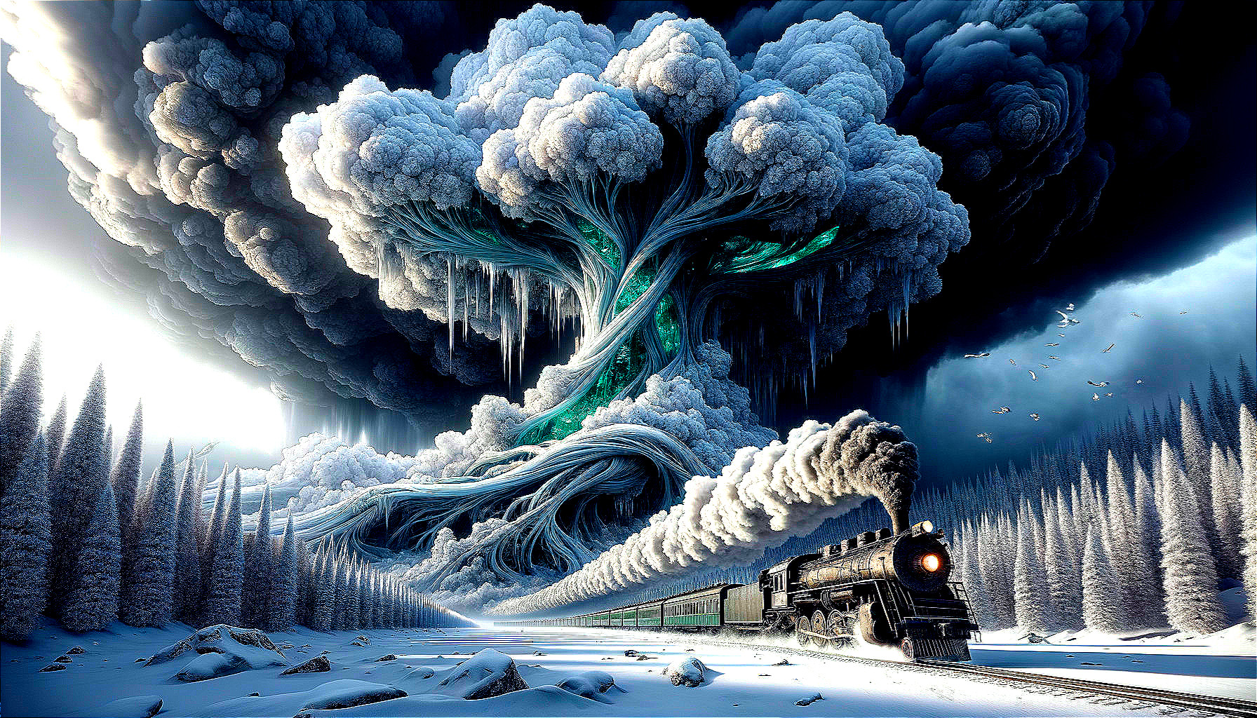 Steam Train in Snowy Landscape with Unique Cloud Formation