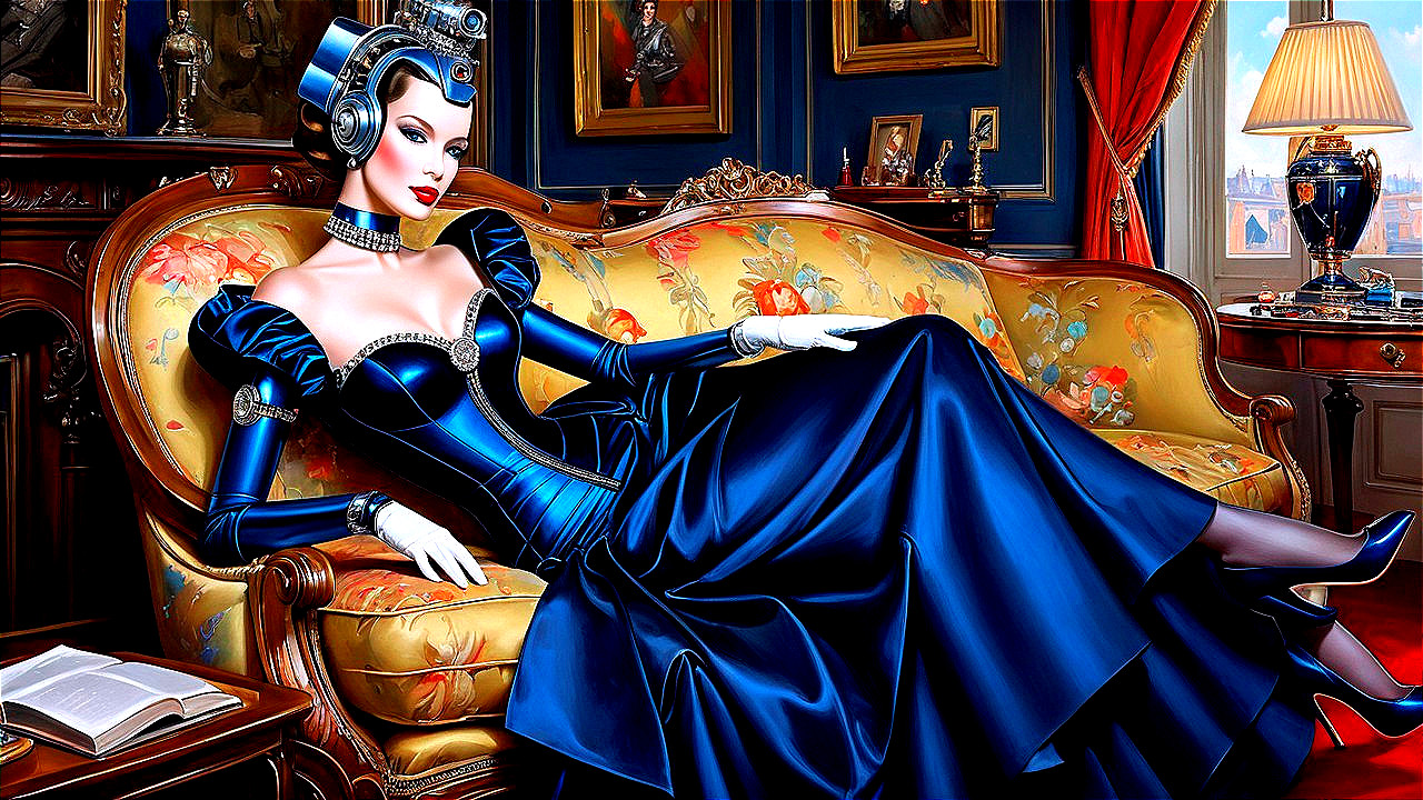 Glamorous Woman in Deep Blue Gown on Ornate Sofa