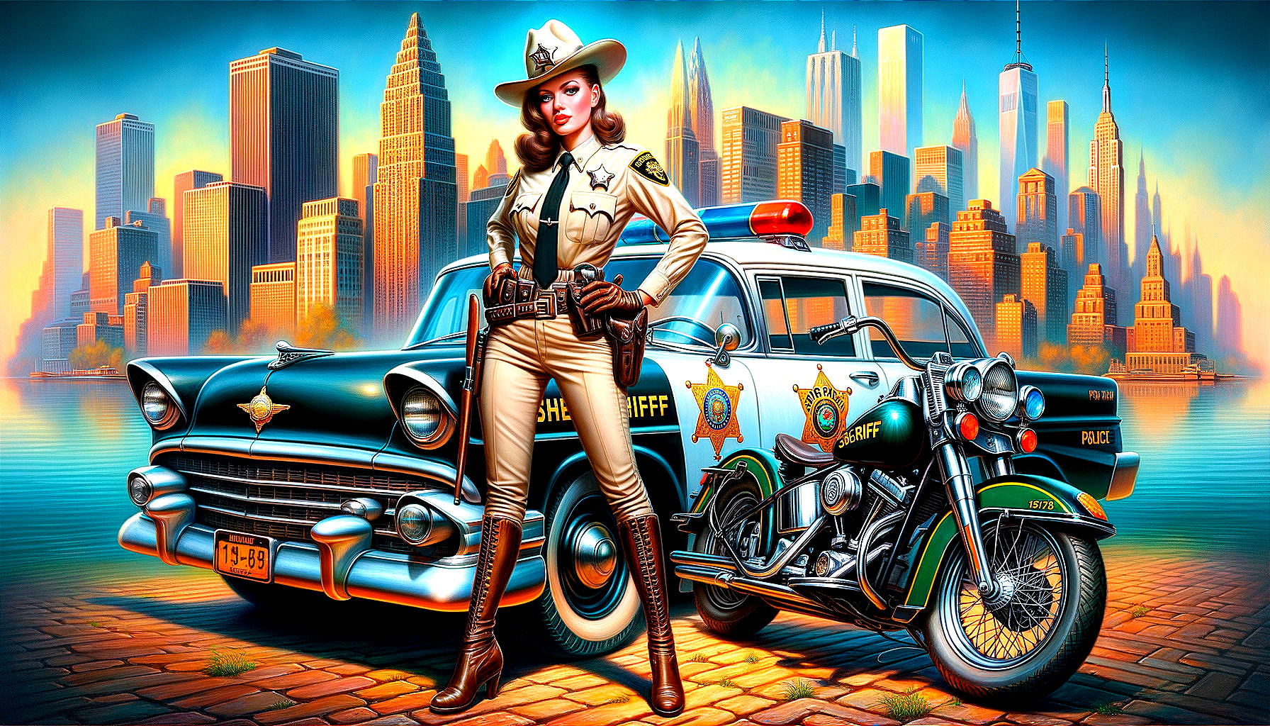 Confident Female Sheriff with Vintage Police Vehicles