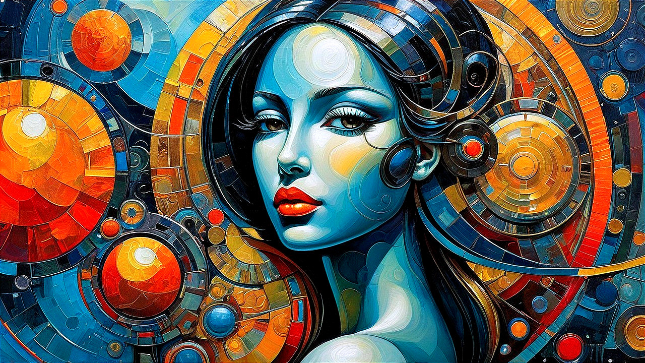 Abstract Portrait of Woman with Blue Skin and Red Lips