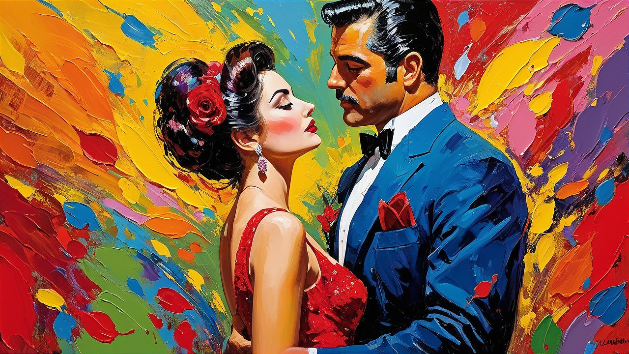 Romantic Couple Embraced in Colorful Background