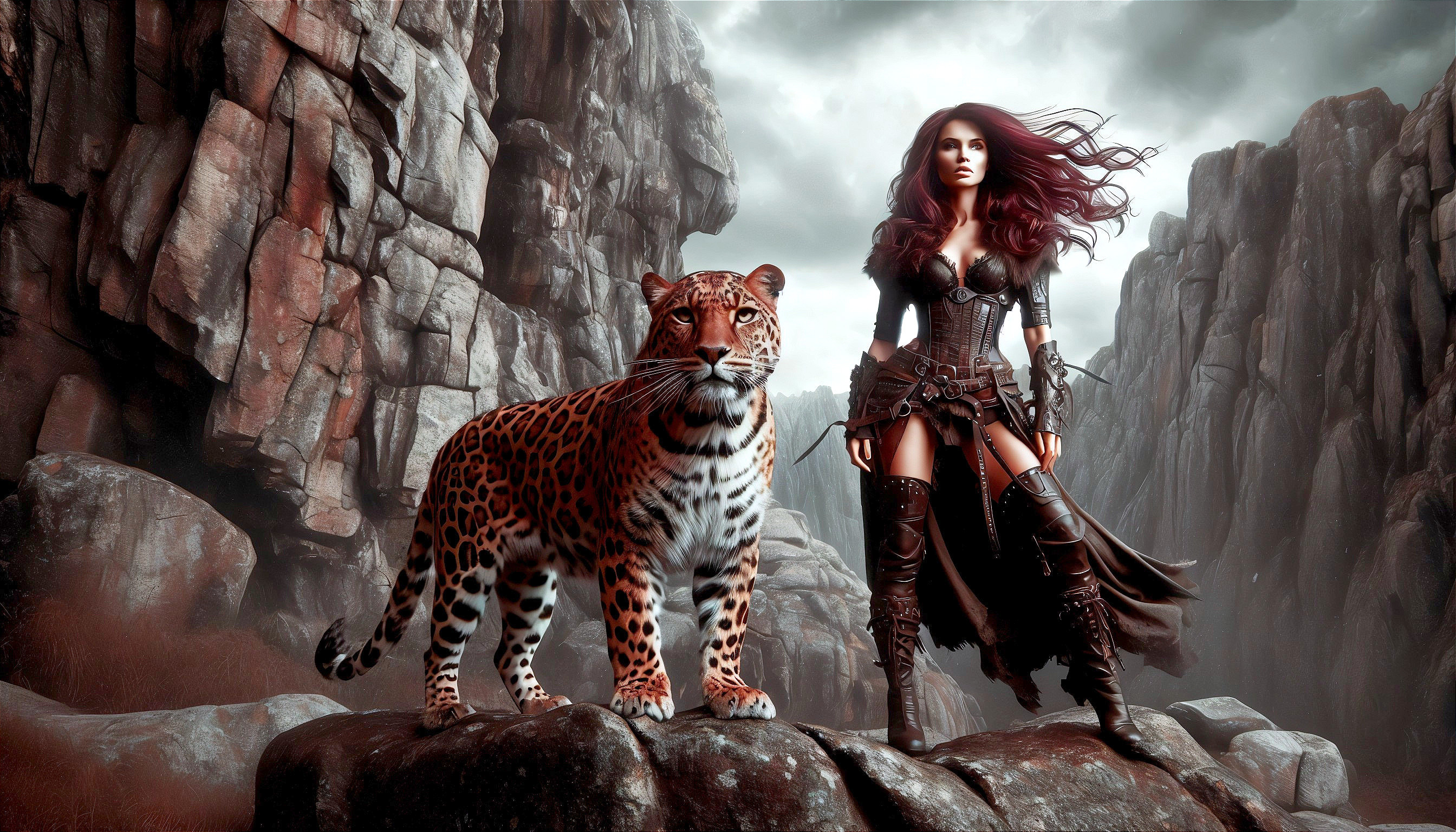 Fierce warrior and leopard on rocky outcrop scene