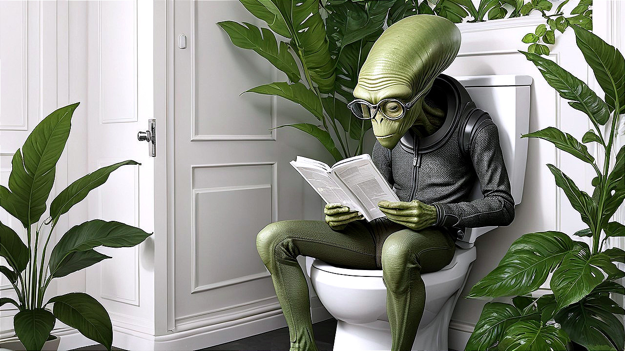 Alien Reading in Modern Bathroom Surrounded by Plants