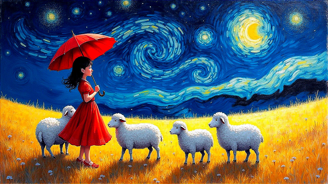 Young girl in red dress with umbrella in starry field
