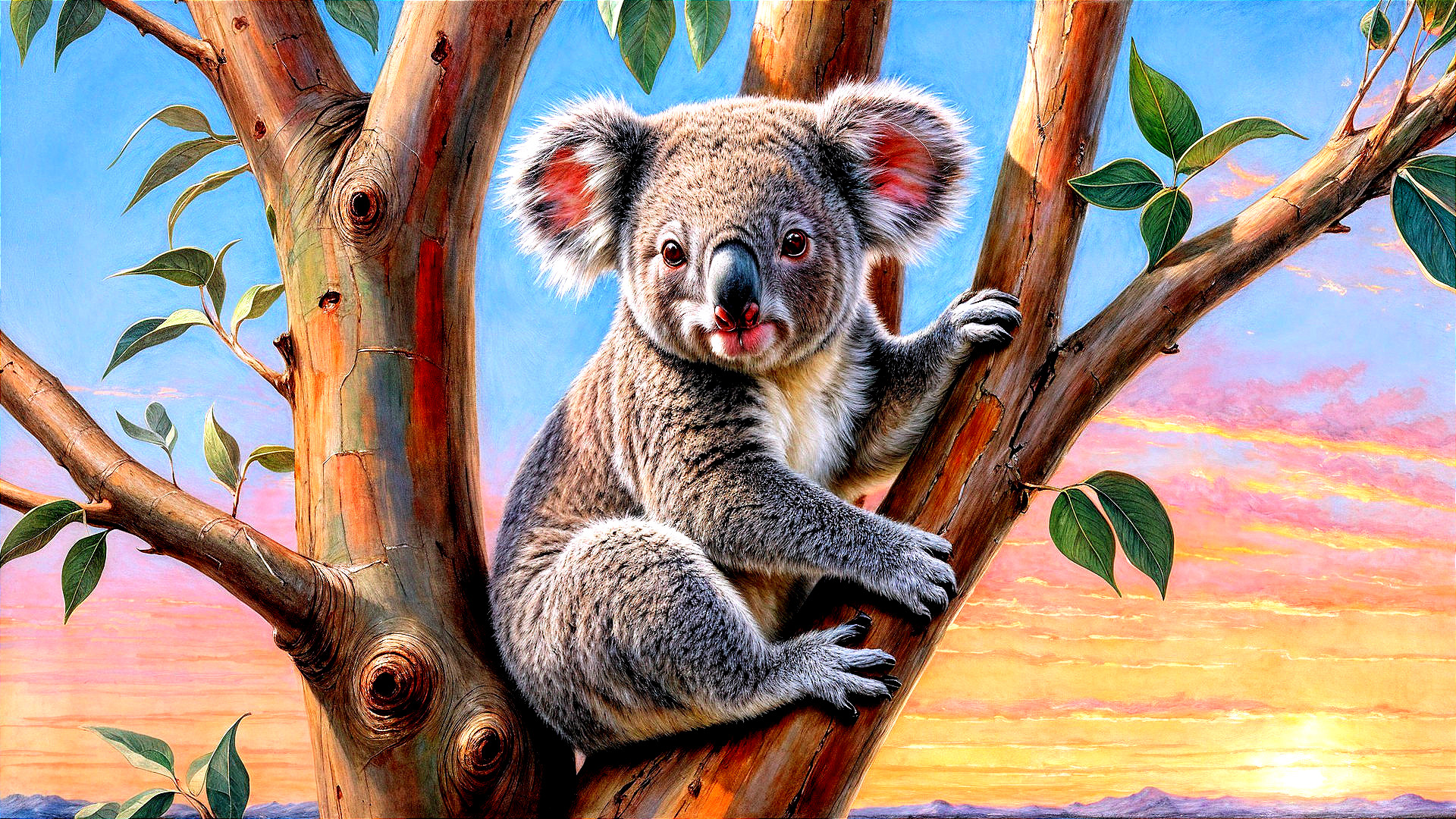 Koala on Eucalyptus Tree at Serene Sunset