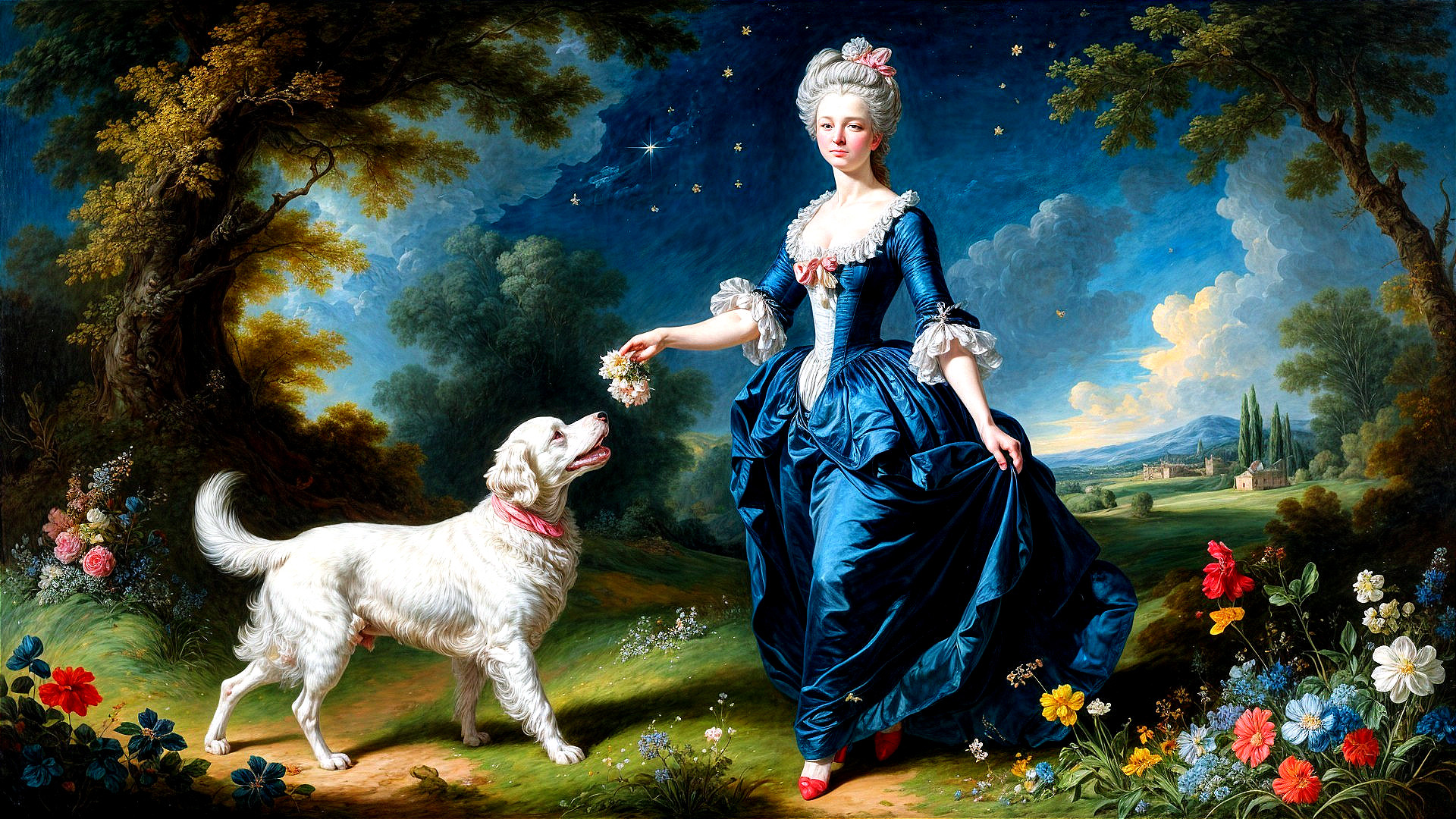 Elegant Woman in Blue Gown with Golden Retriever