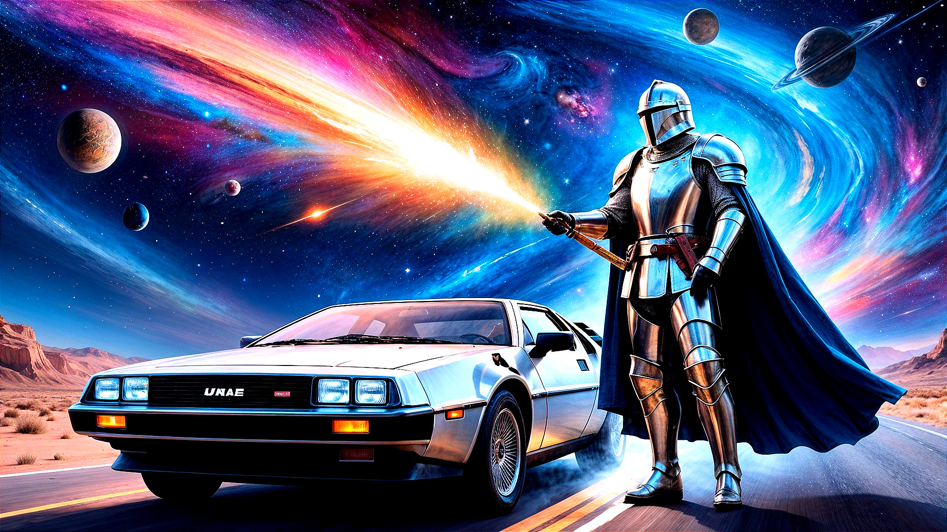 Futuristic knight beside silver DeLorean in cosmic scene