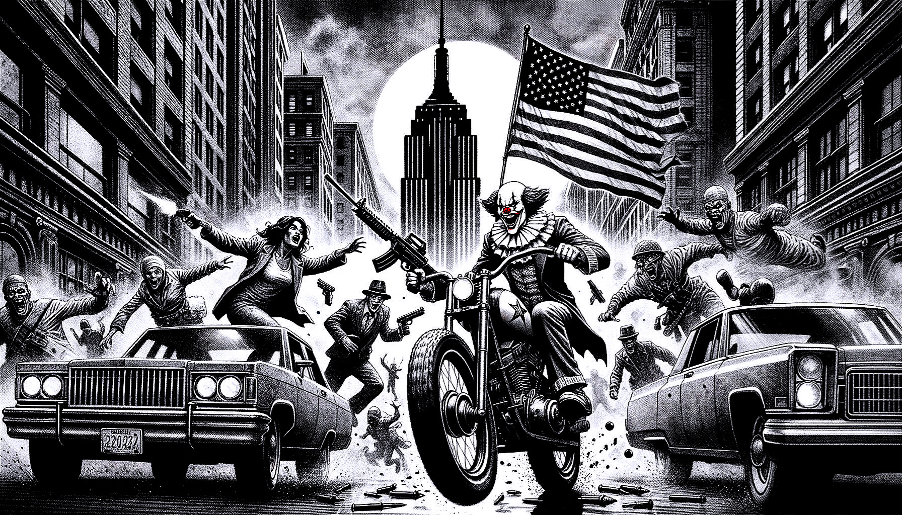Clown on Motorcycle Amid Zombies in Urban Chaos