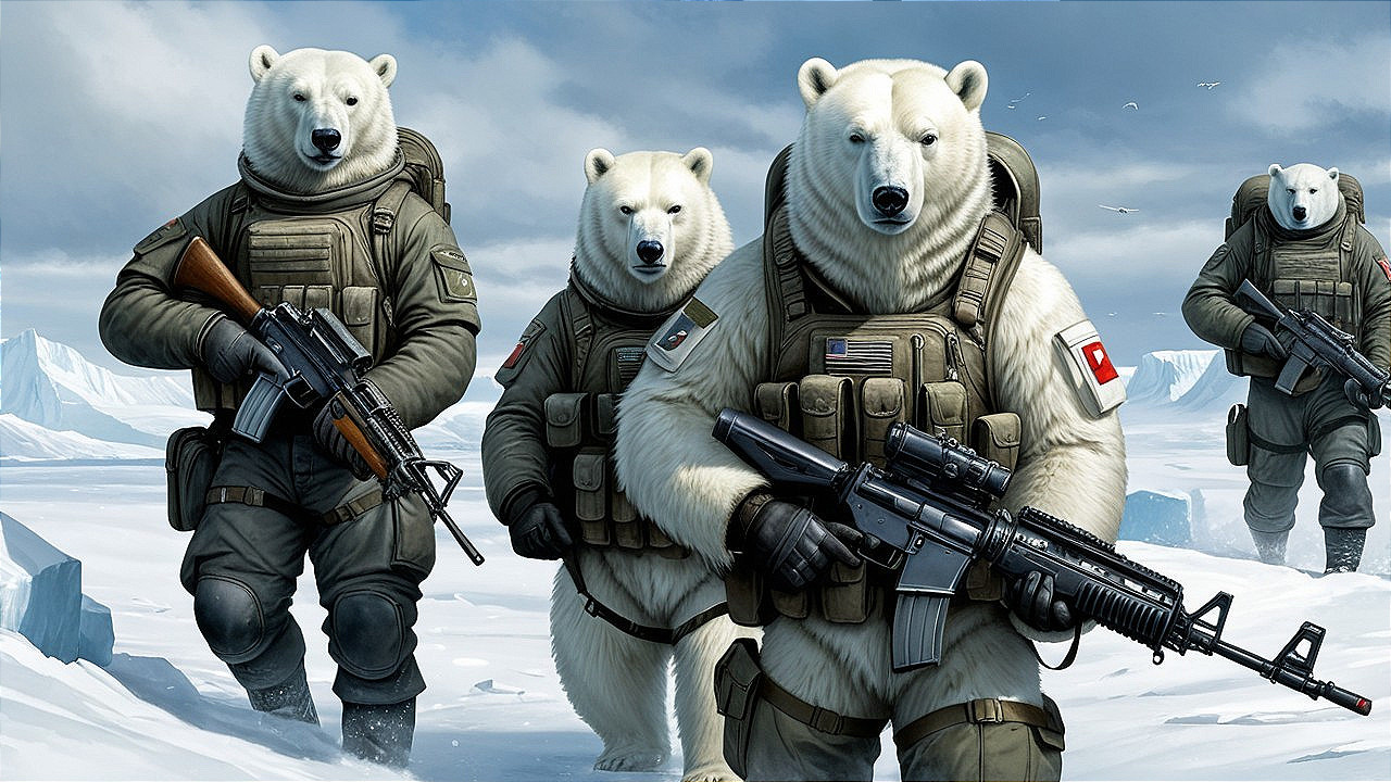 Polar bears in military gear on snowy landscape