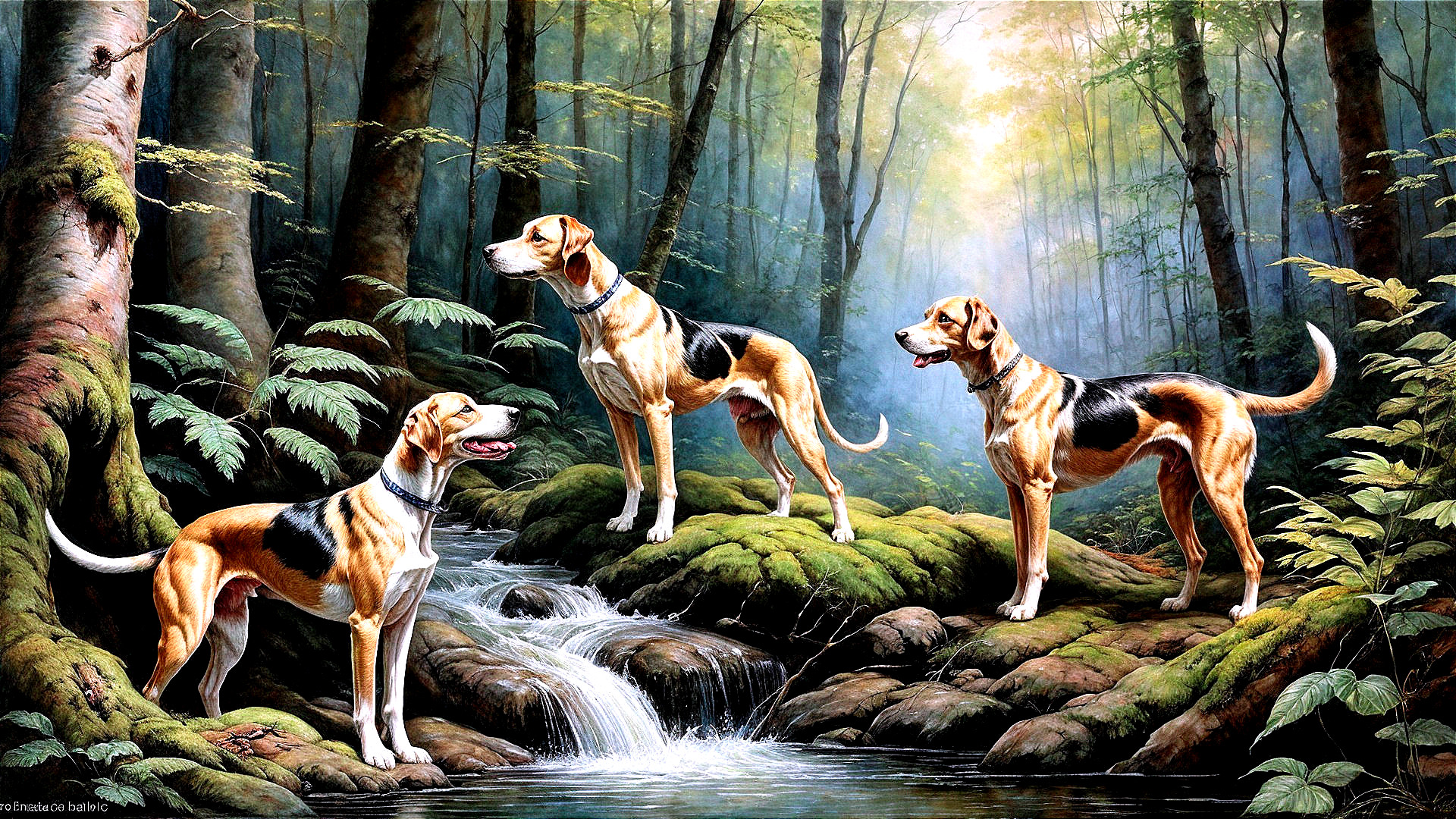 Three Hounds in a Lush Forest by a Gentle Stream