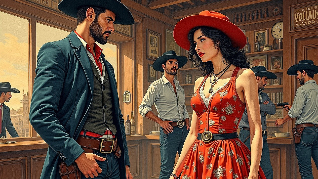 Couple in Western Attire at Rustic Saloon Setting