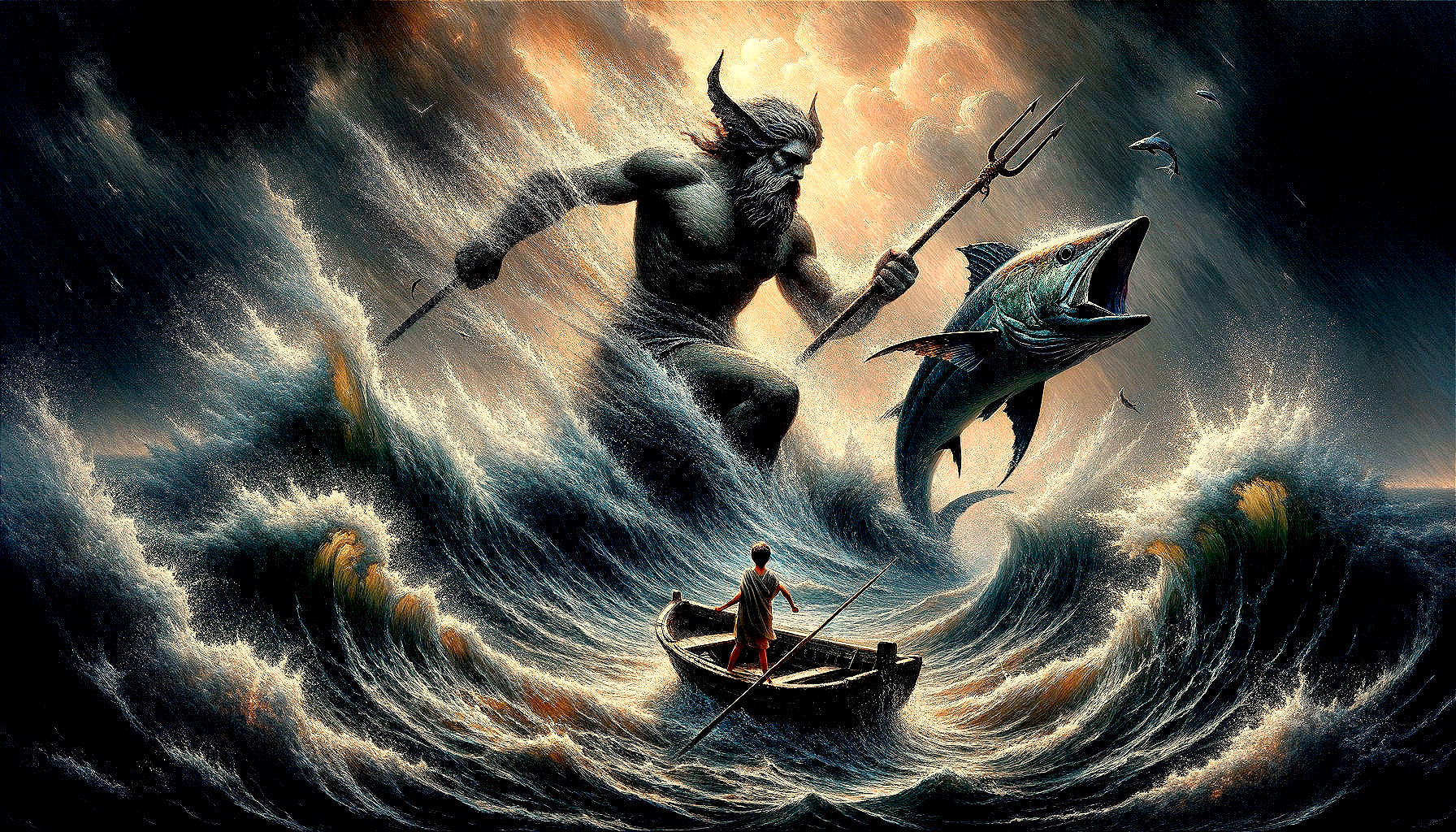 Colossal Sea God and Fisherman in Dramatic Ocean Scene