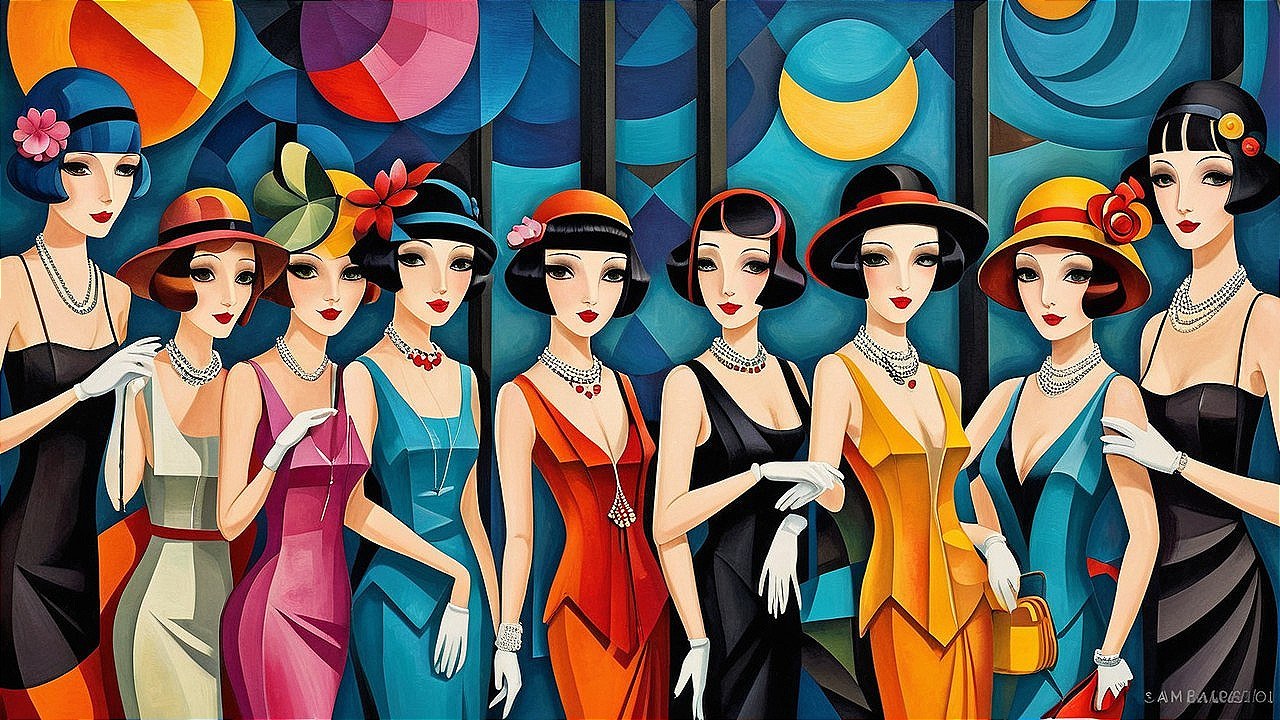 1920s Flapper Women in Colorful Dresses and Accessories