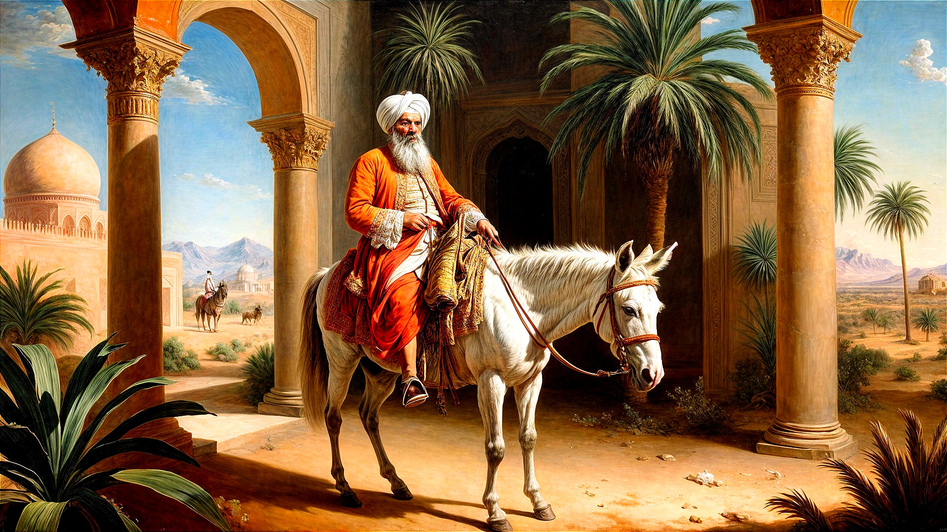 Dignified figure in orange robes on a white horse