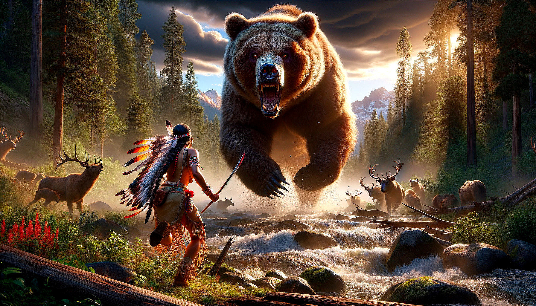 Bear Charges Native American Warrior by River at Dawn