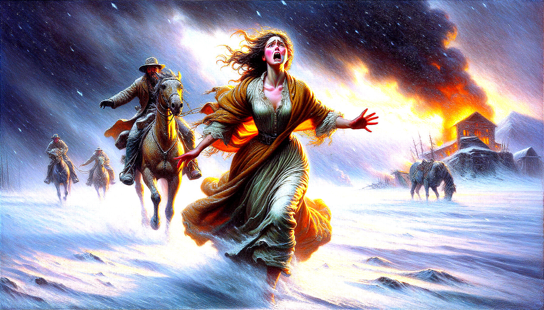 Dramatic Scene of Woman Running in Snow with Explosion