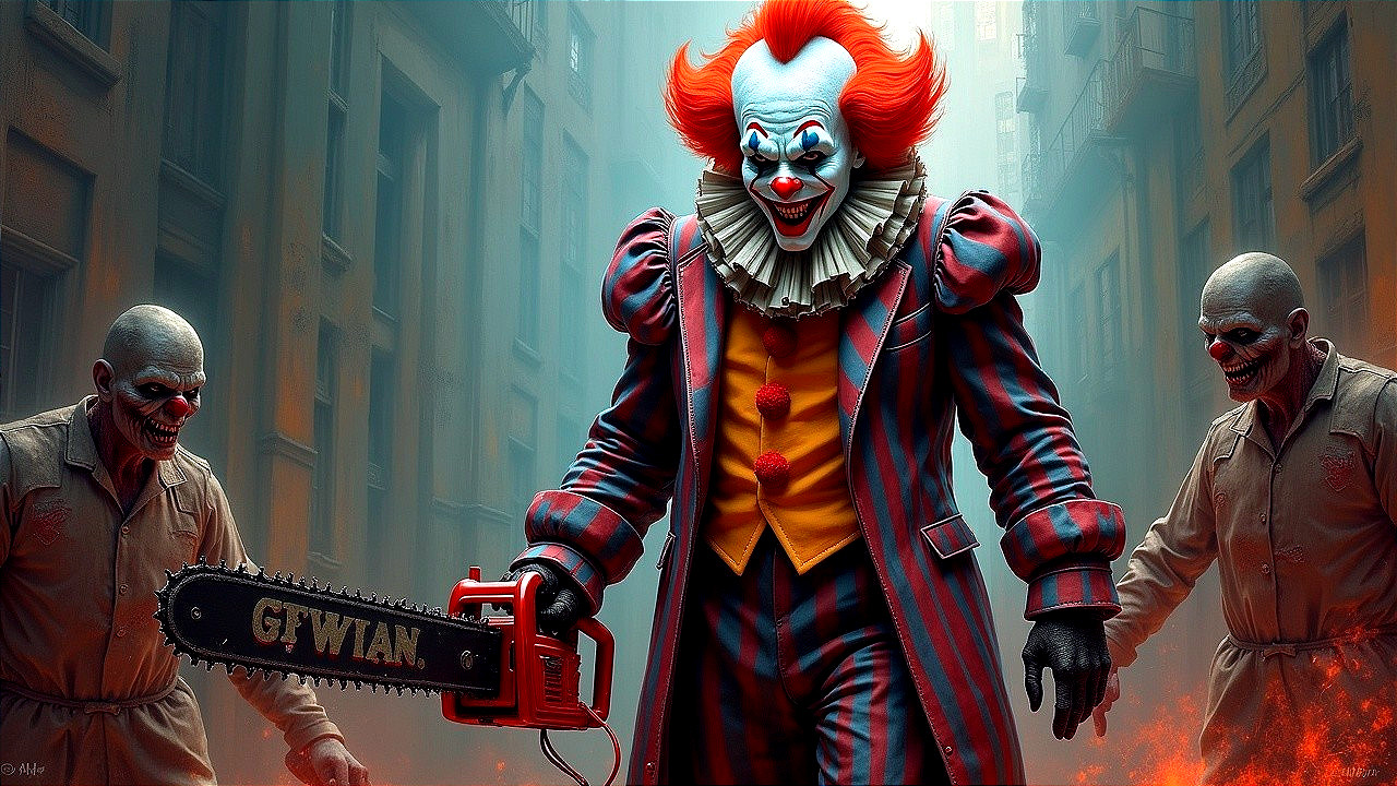 Menacing Clown with Chainsaw in Eerie Urban Setting