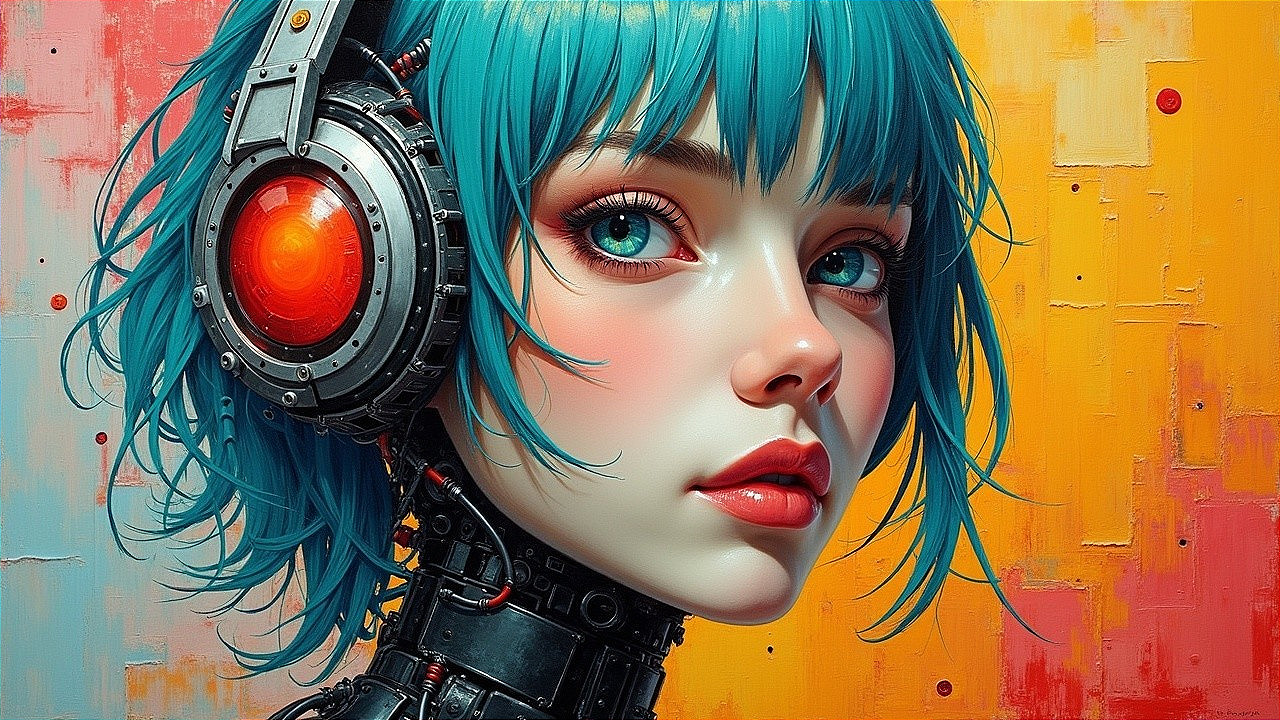 Futuristic Character with Teal Hair and Mechanical Elements