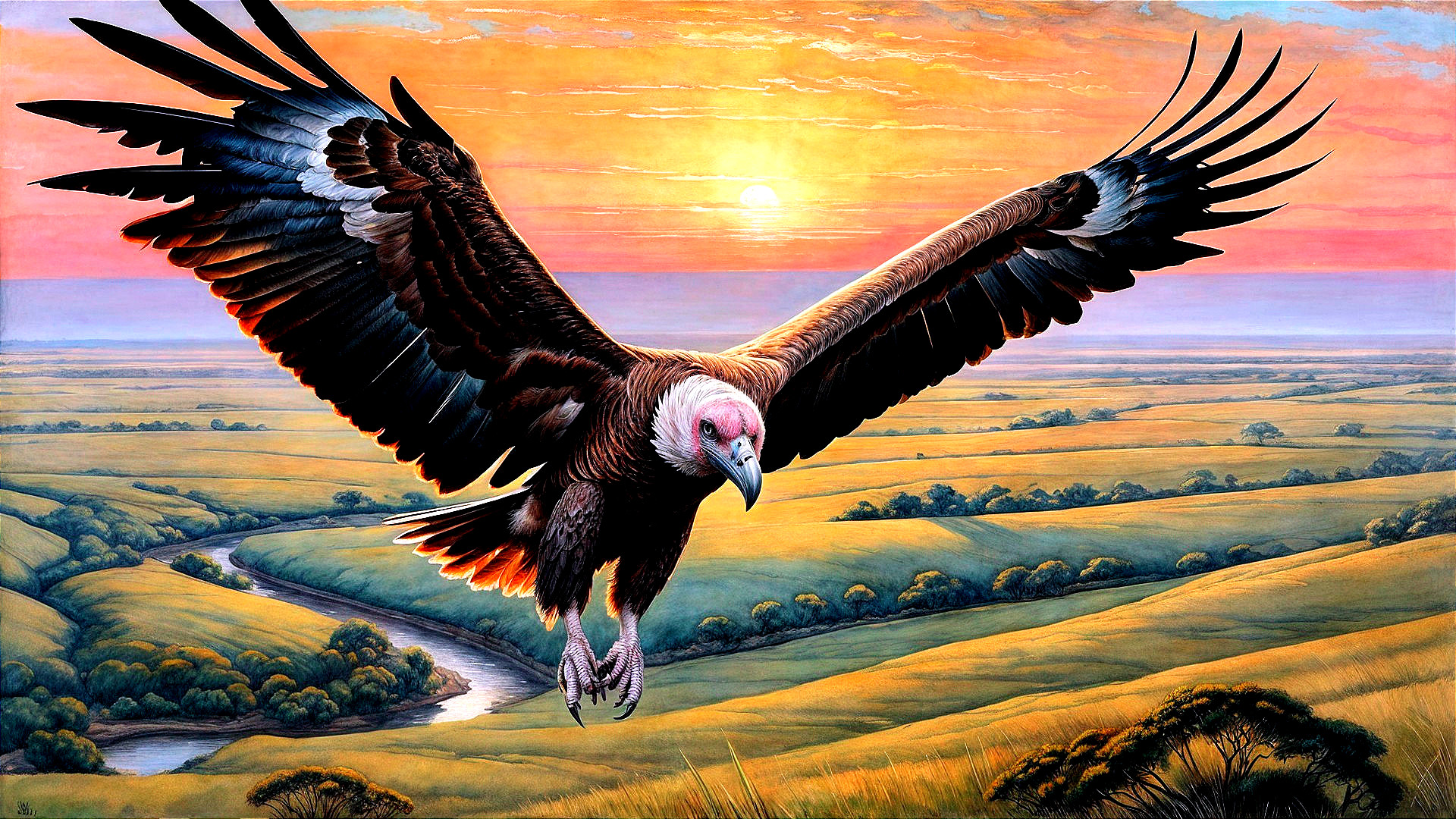 Vulture Soaring Over Sunset Landscape with River and Hills