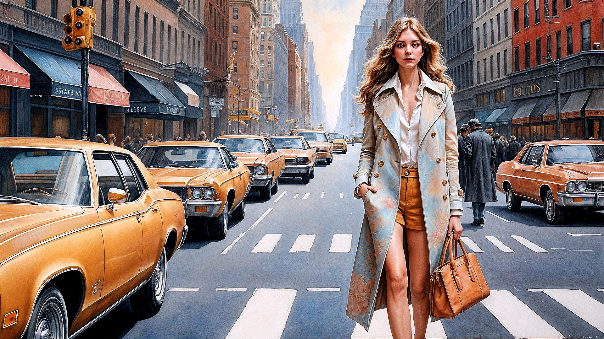 Stylish Woman in Trench Coat on Busy City Street