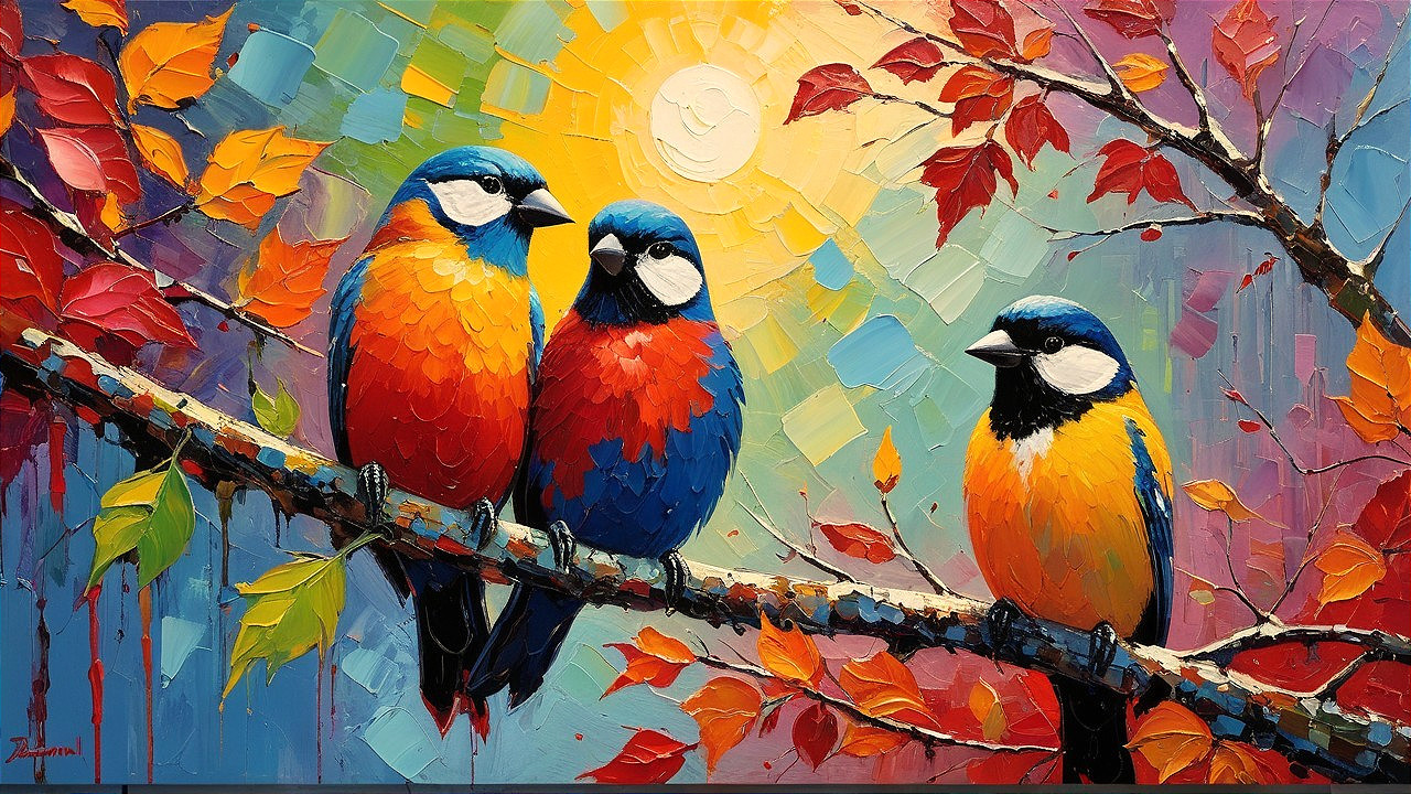 Vibrant Birds on Branch in Colorful Autumn Scene