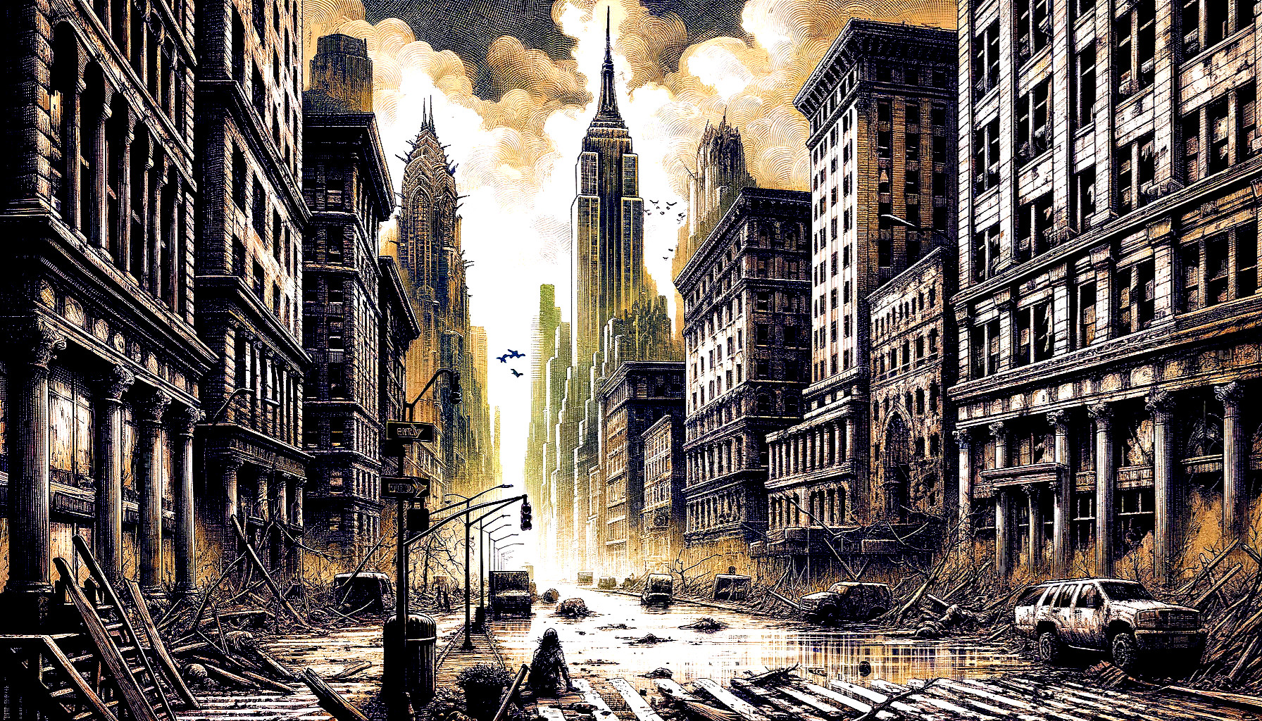 Post-Apocalyptic City Street with Abandoned Structures