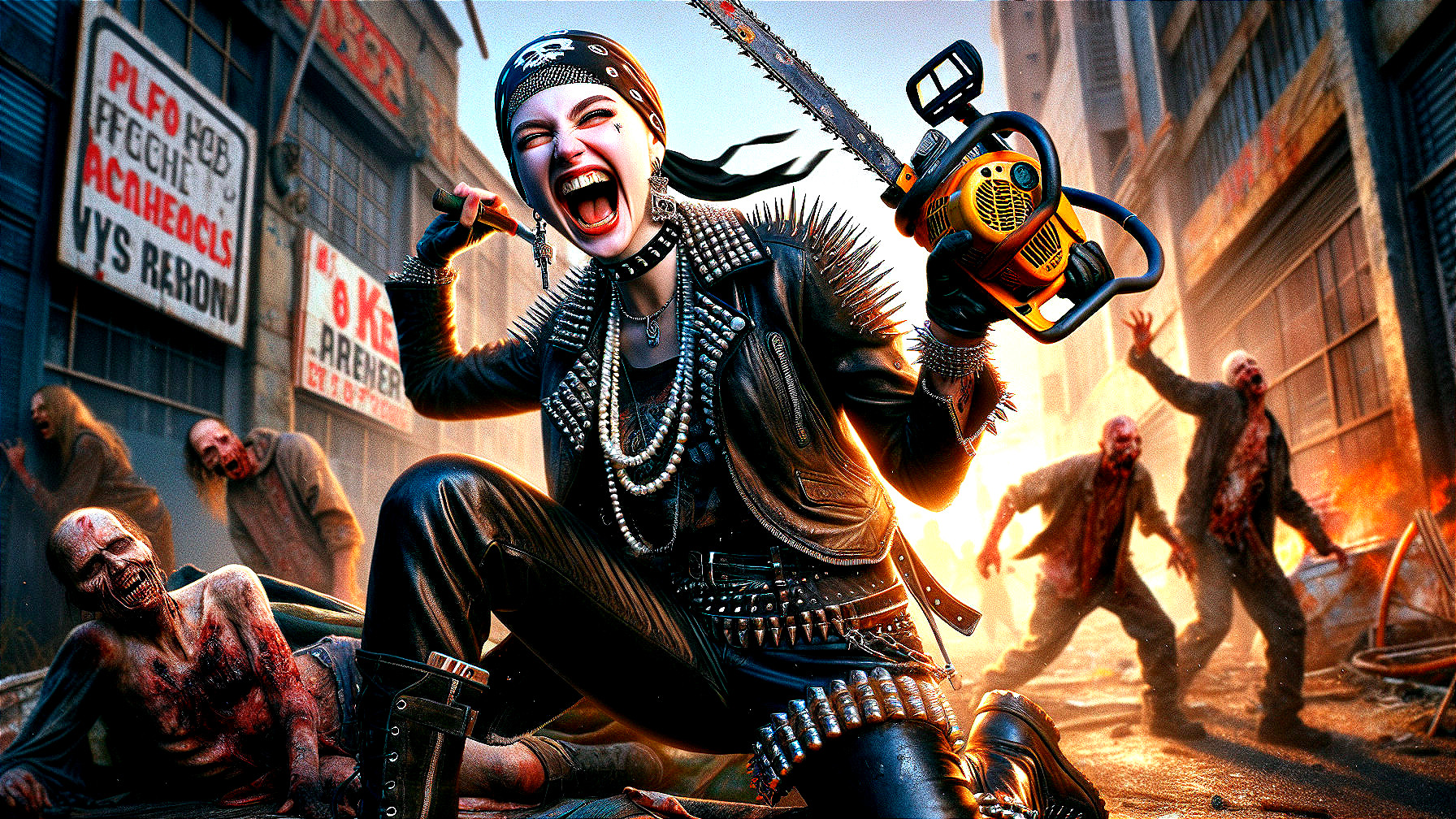 Fierce Female Figure in Post-Apocalyptic Urban Chaos