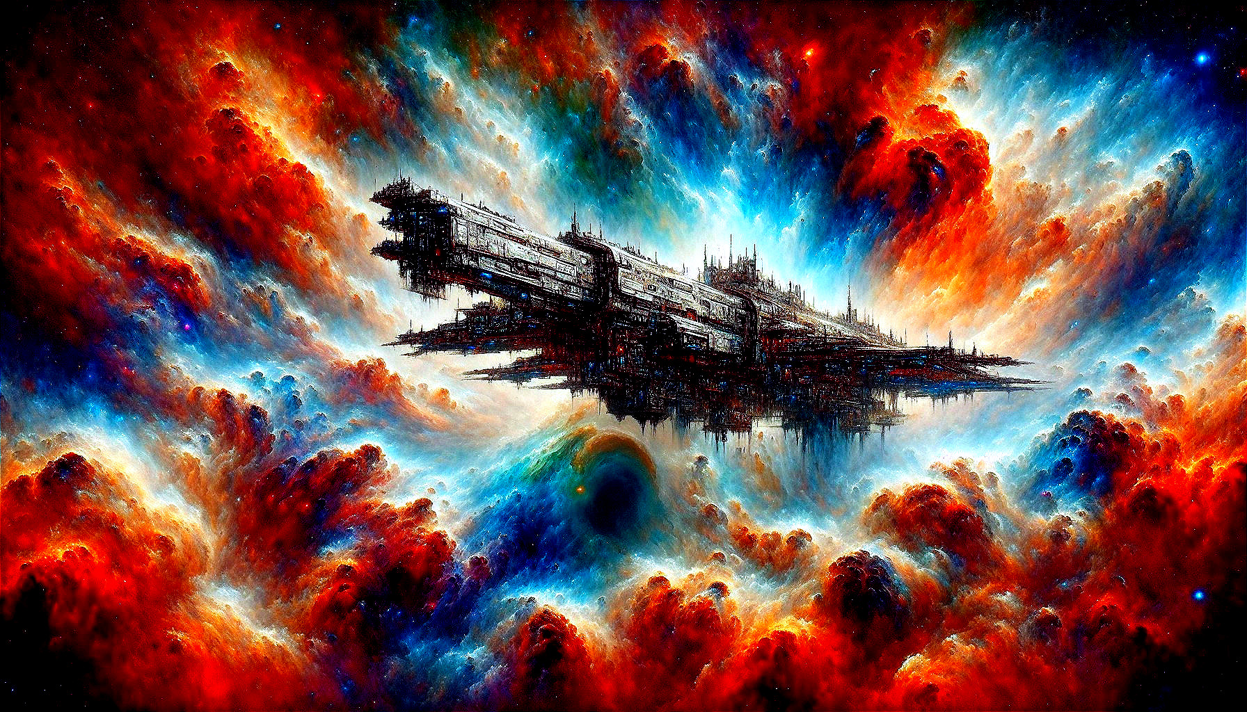 Intricate Spaceship in Vibrant Cosmic Scene