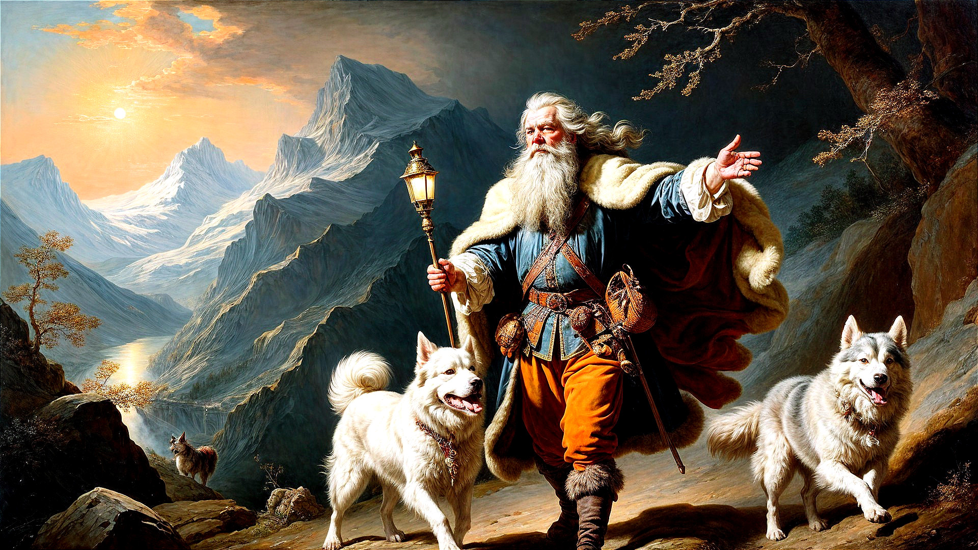Elderly man with dogs in a sunset mountain scene