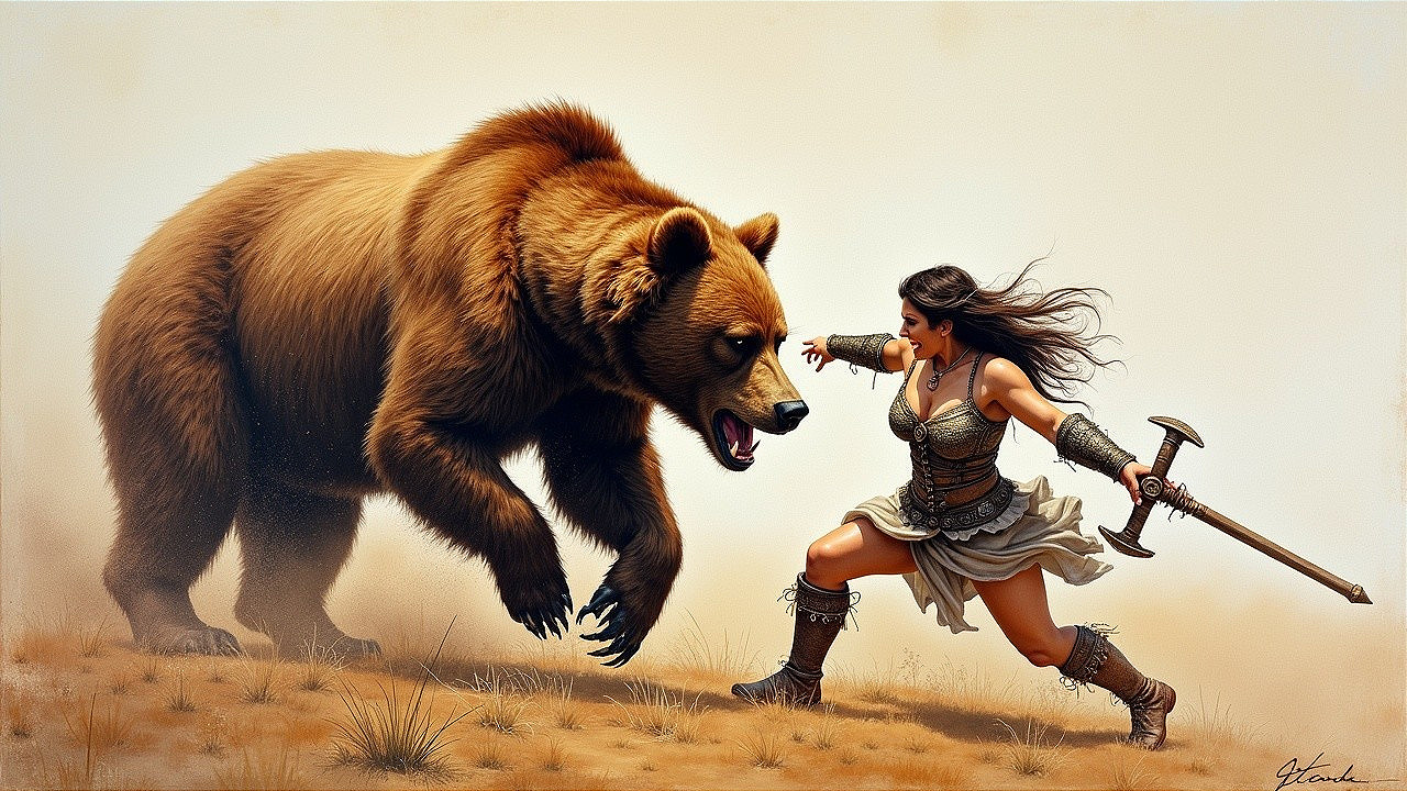 Warrior Woman Faces Bear in Arid Landscape