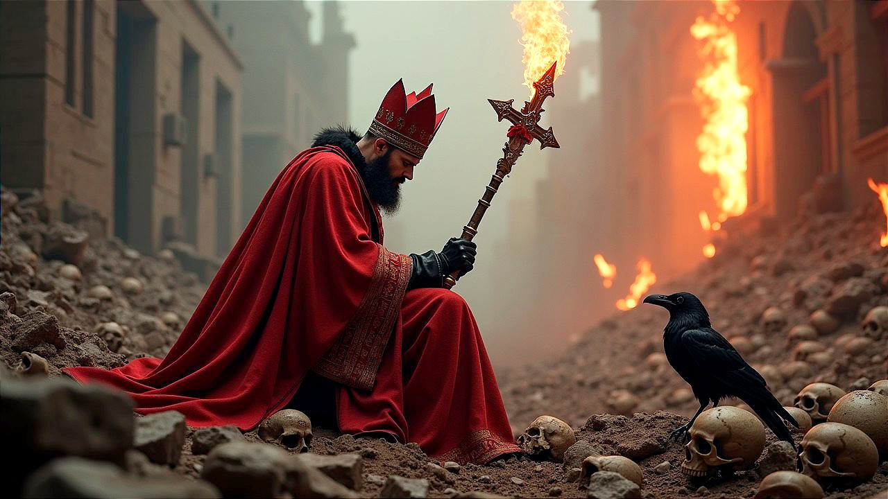 Majestic figure in crimson robe amid desolate landscape