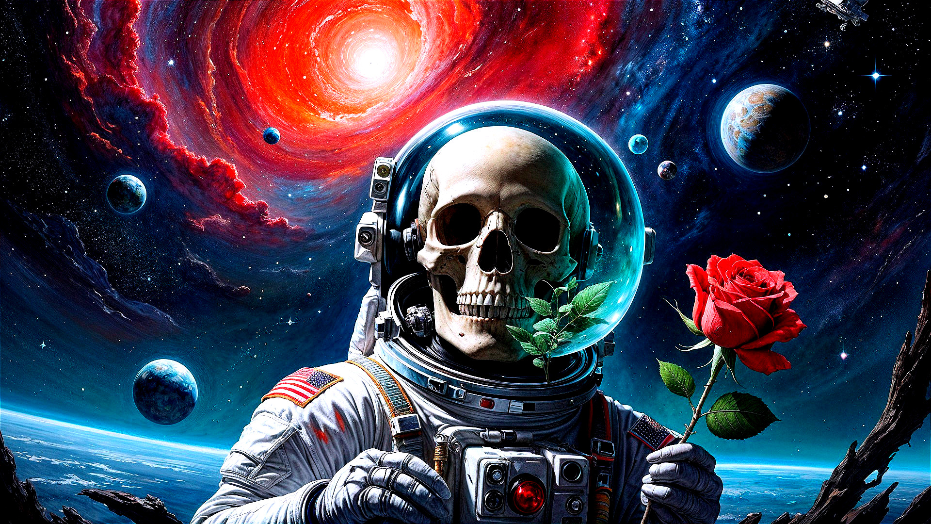 Astronaut Skeleton in Vibrant Cosmic Scene with Rose