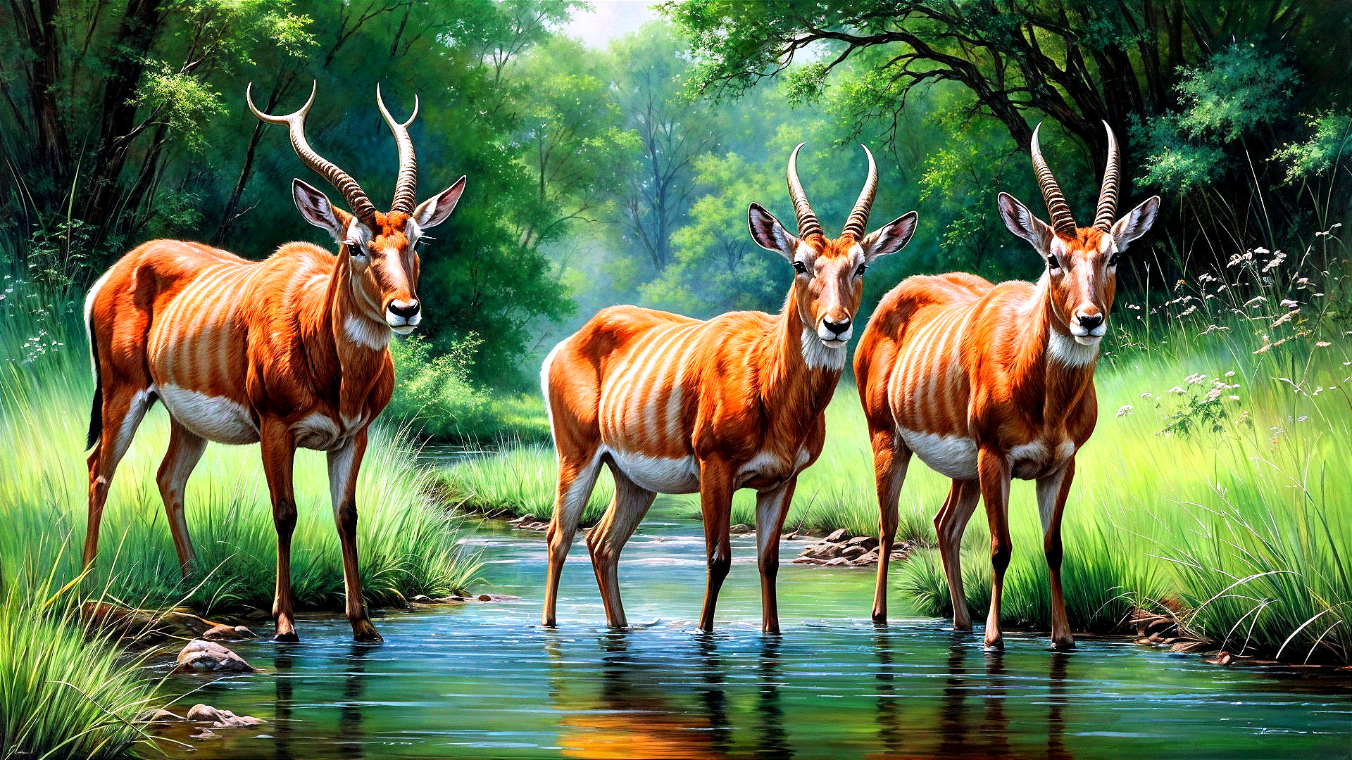 Kudu Antelopes in a Serene Stream Surrounded by Nature