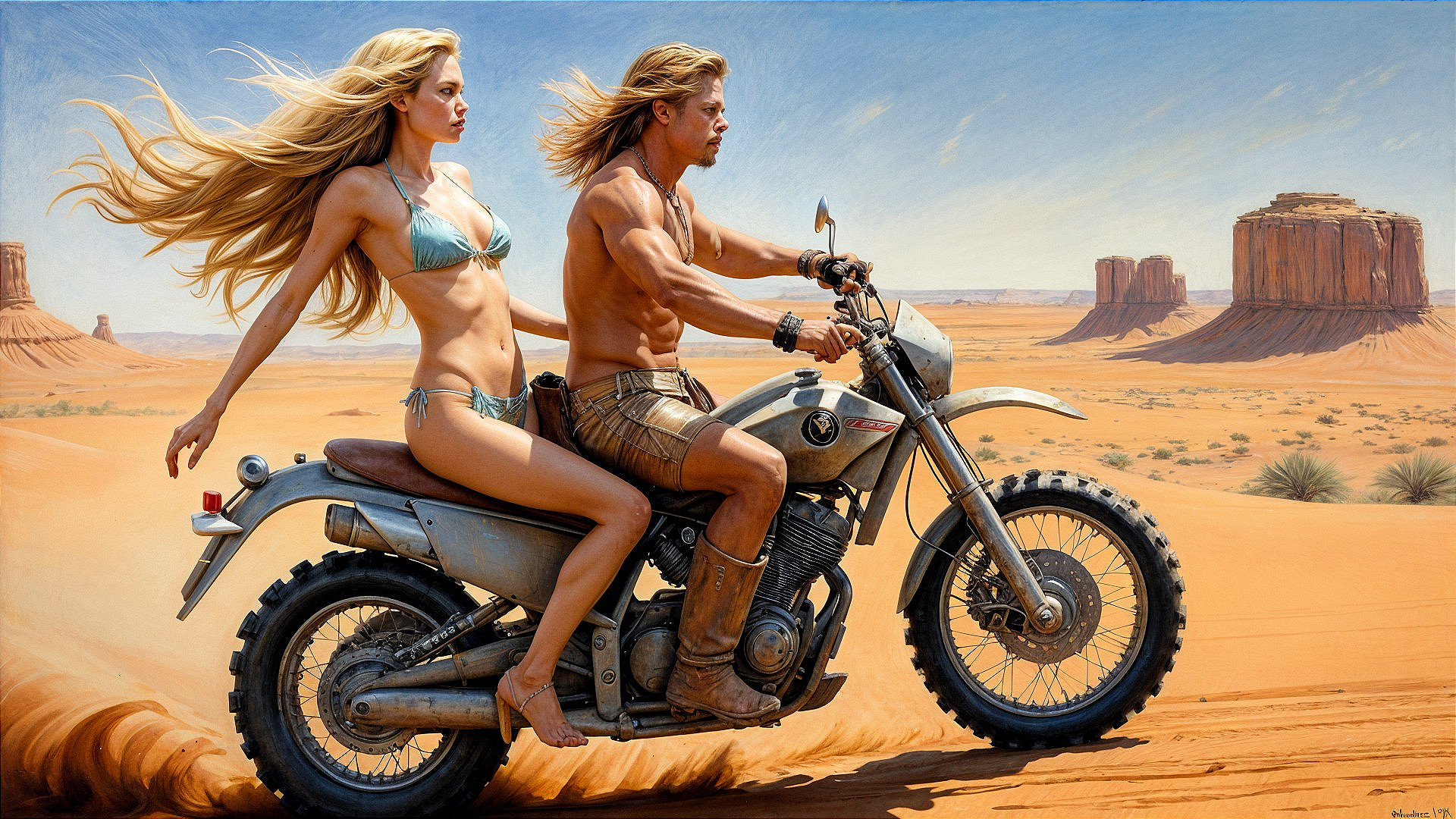 Muscular Man and Woman on Motorcycle in Desert Landscape