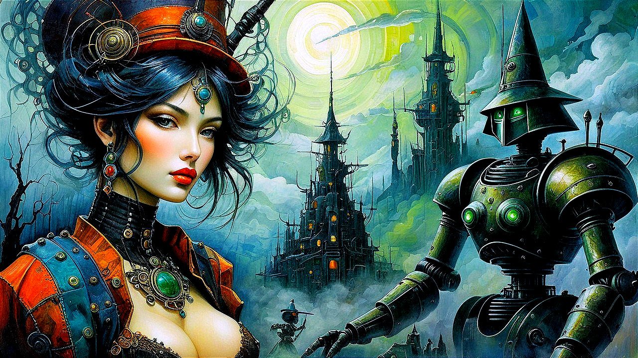 Steampunk Scene with Woman and Unique Robot Design