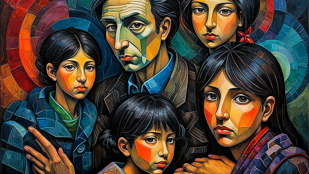 Artwork of Six Figures with Geometric Patterns and Motifs
