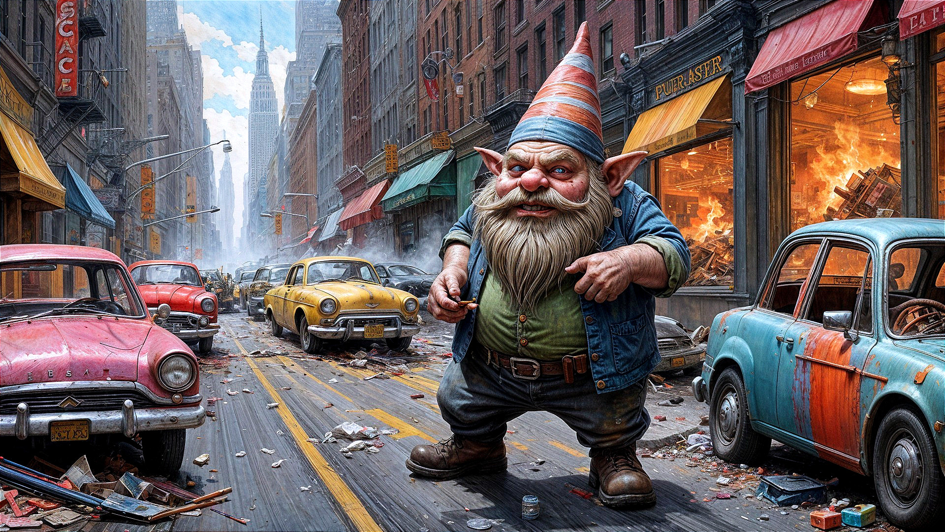 Giant Gnome in Chaotic City Street Scene