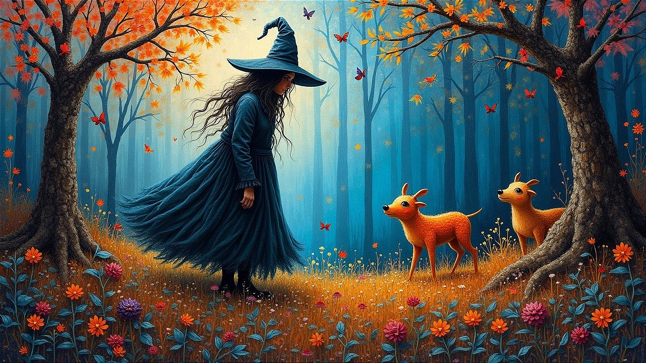Young witch in blue dress in a vibrant forest scene