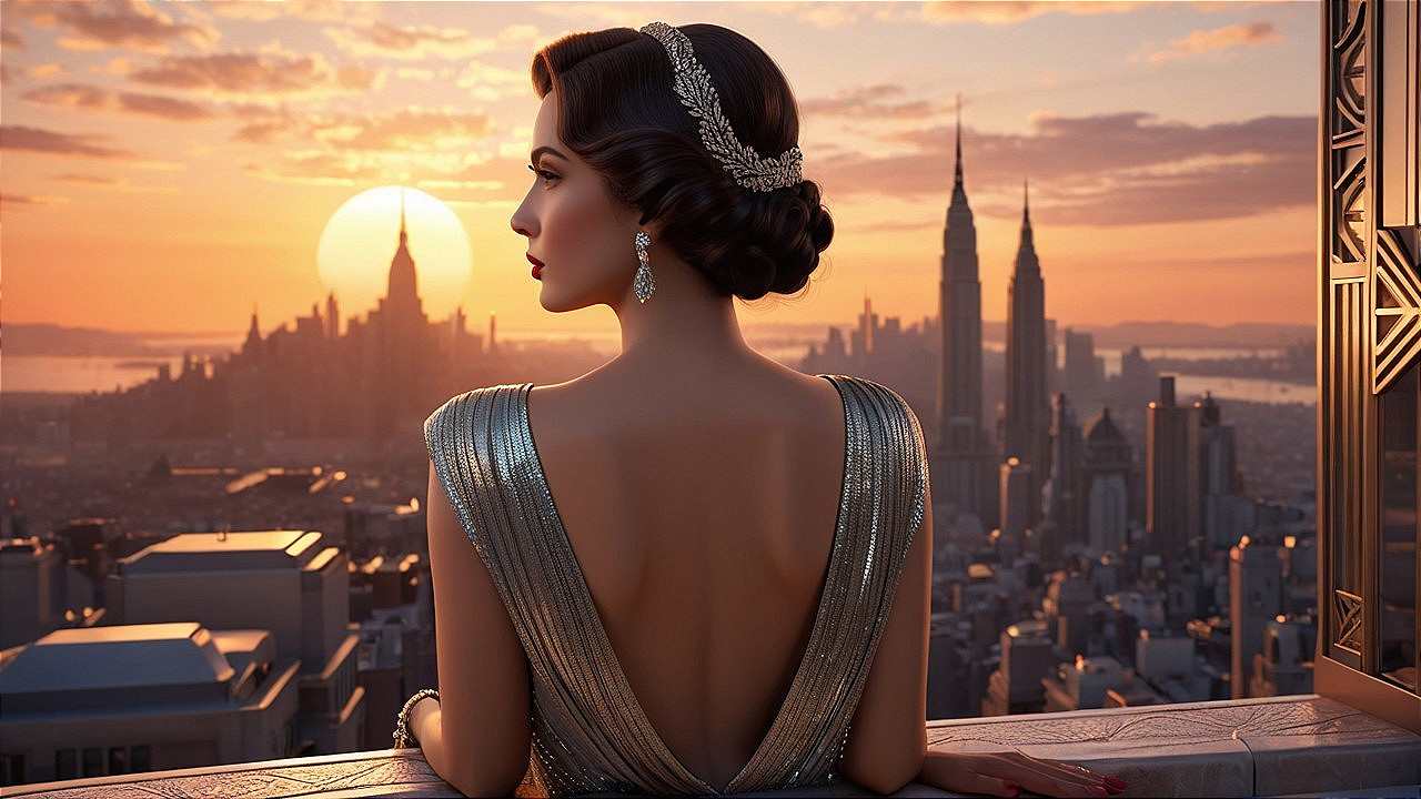 Glamorous Woman in Silver Gown Overlooking Cityscape