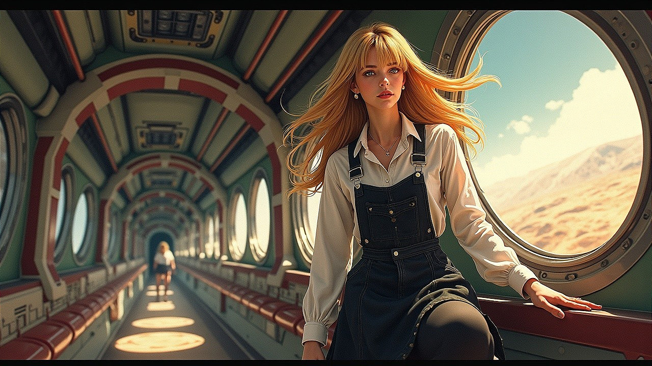 Young Woman in Retro Train with Sunlit Window