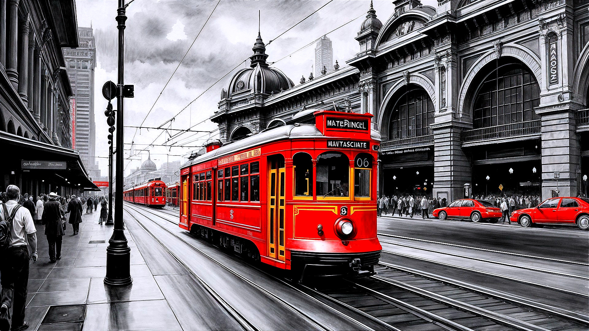 Red Tram in Urban Setting with Historic Architecture