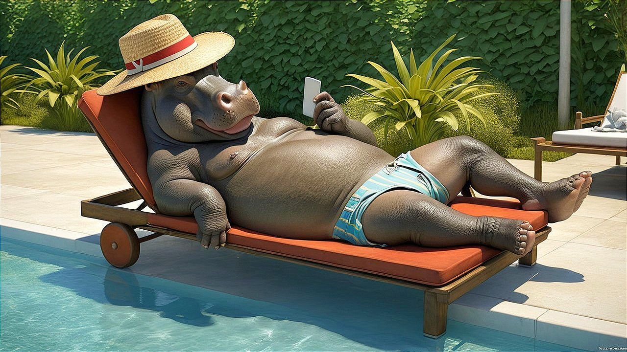 Cartoon Hippo Relaxing by Pool in Tropical Setting