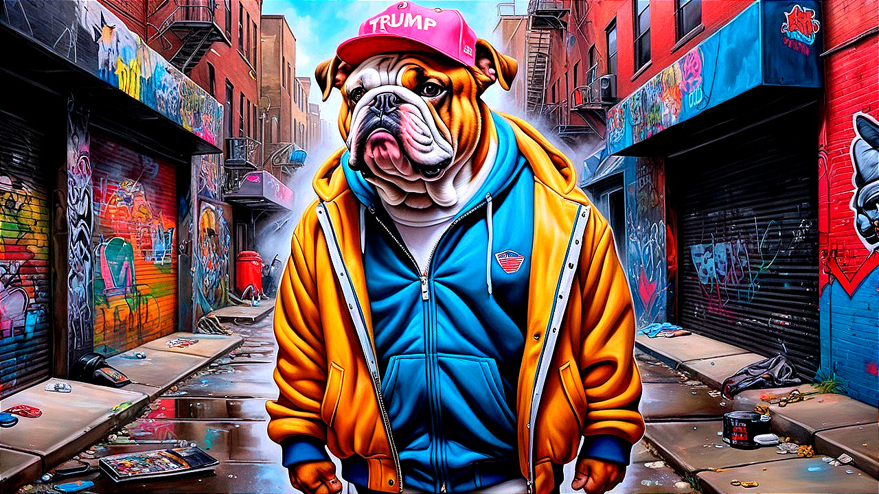 Bulldog in Yellow Hoodie and Pink Cap in Urban Alleyway