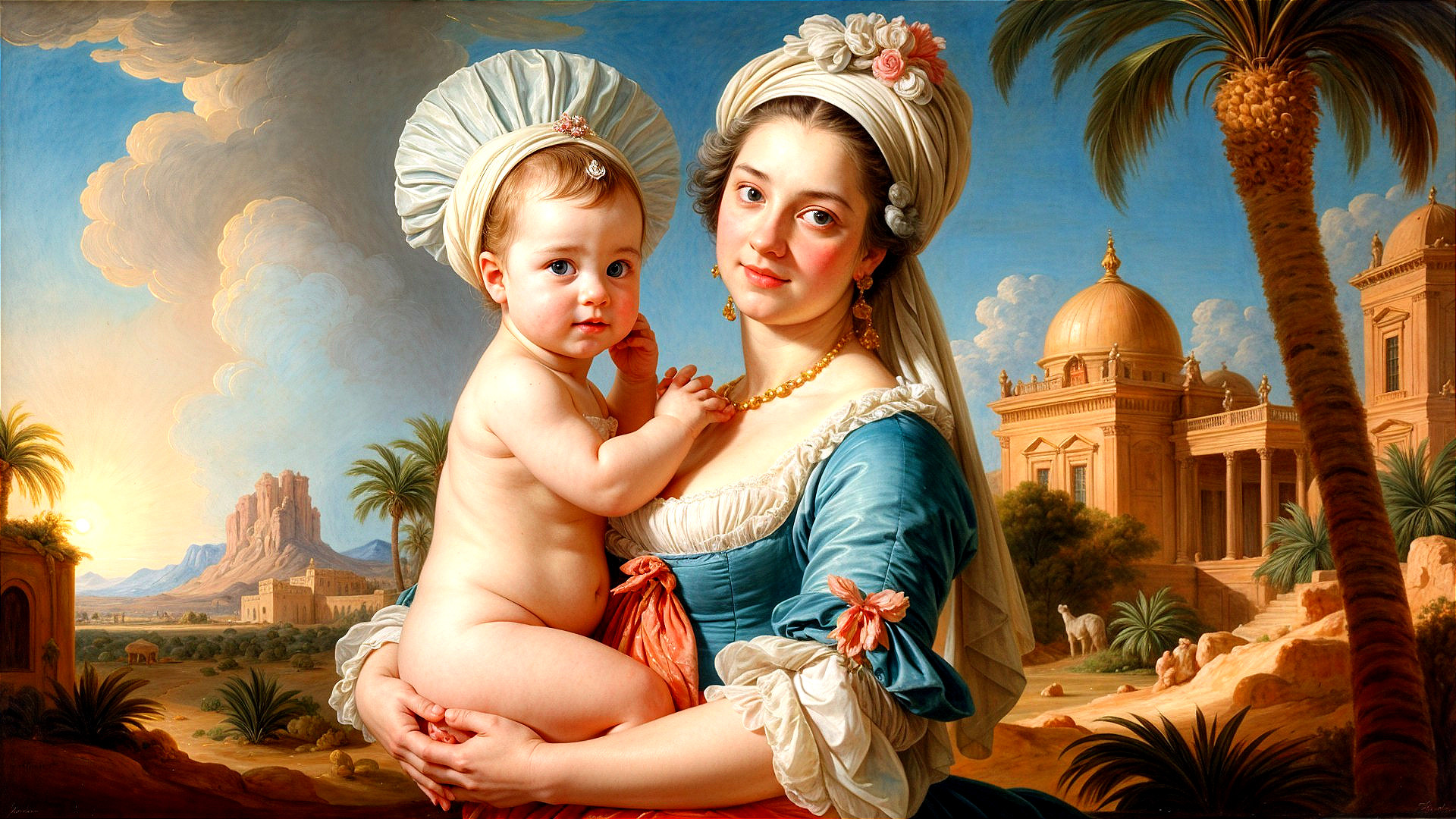 18th-Century Mother and Baby in Exotic Landscape