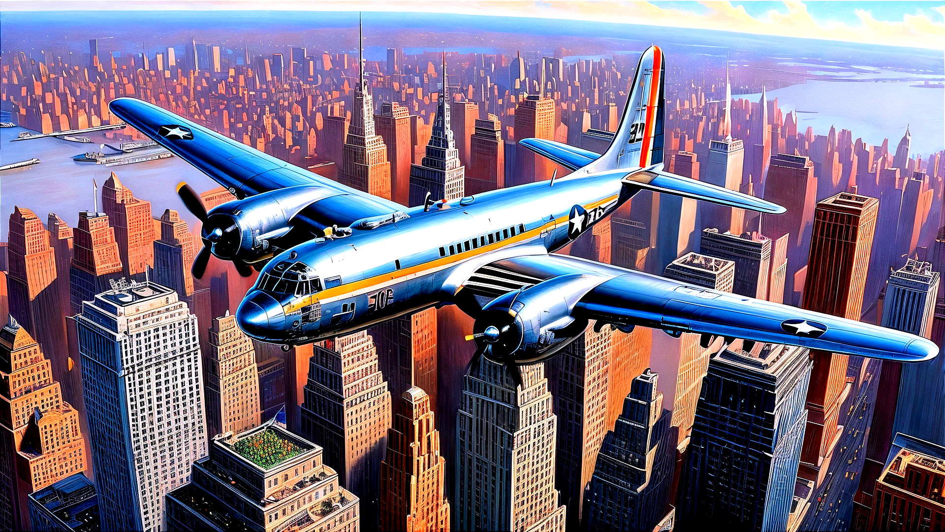 Vintage Aircraft Over Cityscape with Skyscrapers